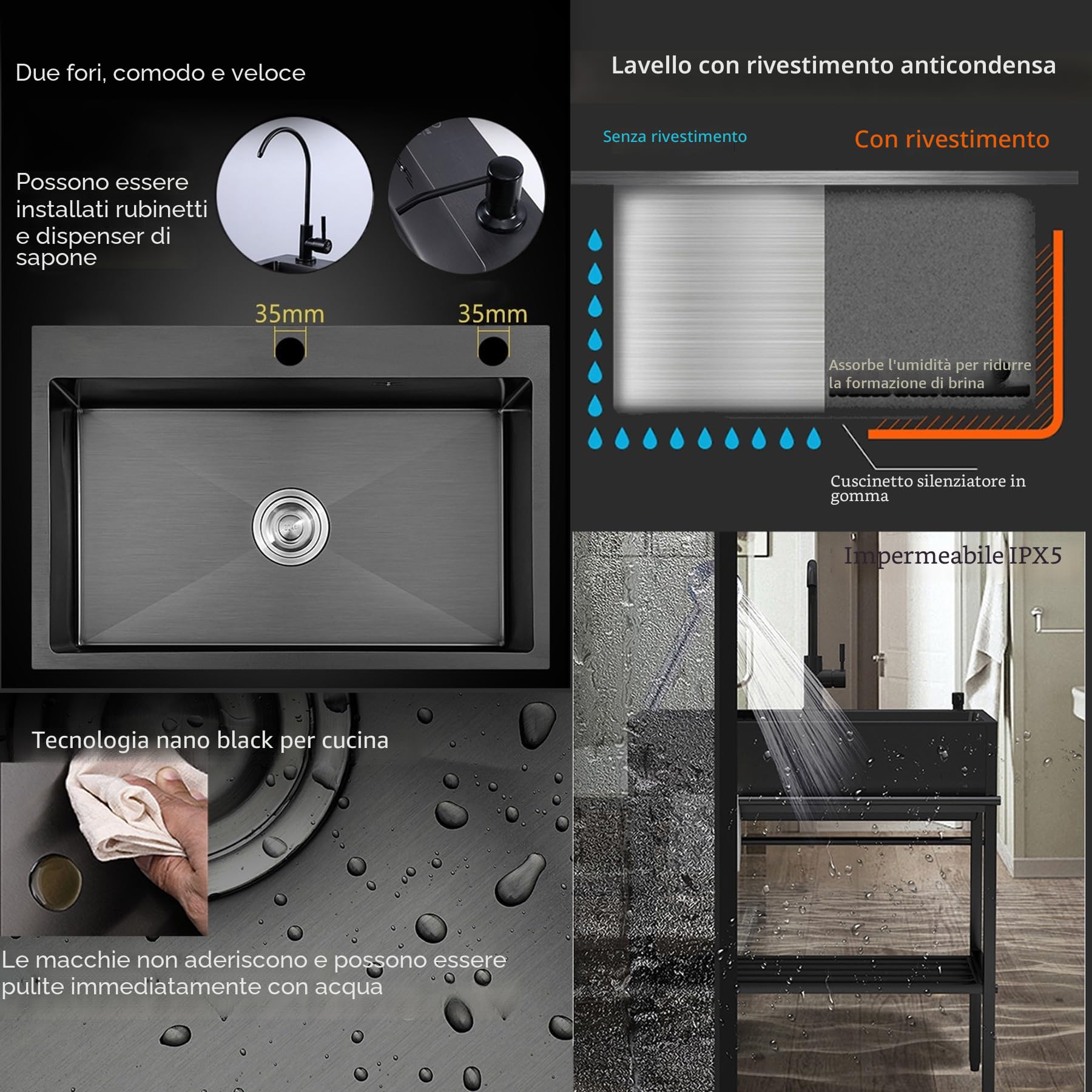 Lavandino in Acciaio Inox Professionale 1 Vasca,60x45x86cm Lavello Nero Multifunzione Cucina,Lavatoio da Esterno Autoportante,Lavabo Commerciale con Rubinetto,per Interno Ristorante Caffè Garage