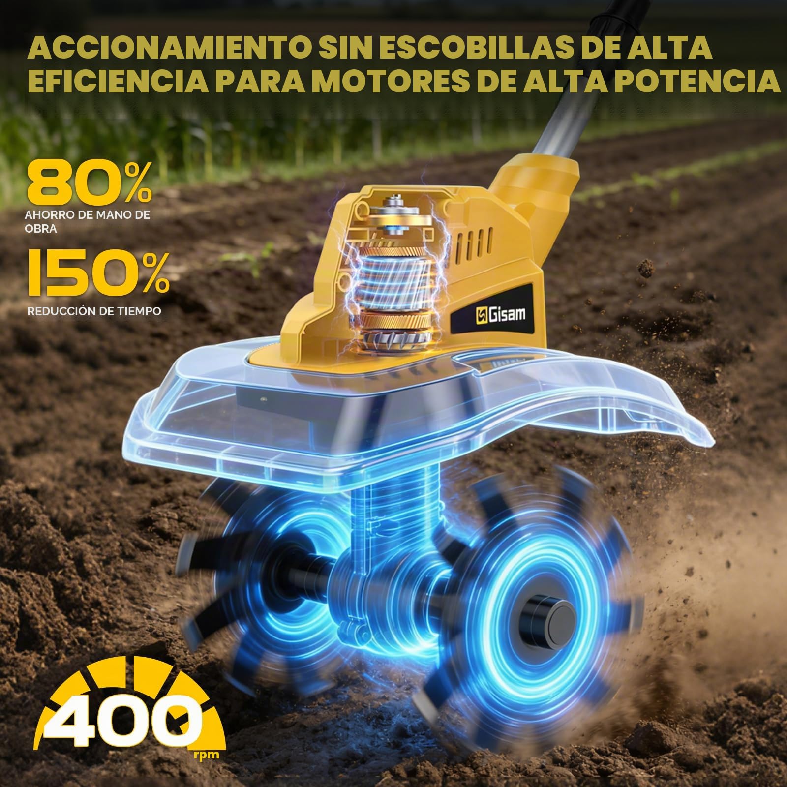 Motocultor Eléctrico Inalámbrico con 2 Baterías de 4,0 Ah, 400 RPM, Batería Sin Escobillas, Ancho 23 cm y Profundidad 21 cm, Motocultor Plegable para Labrar y Suavizar el Suelo