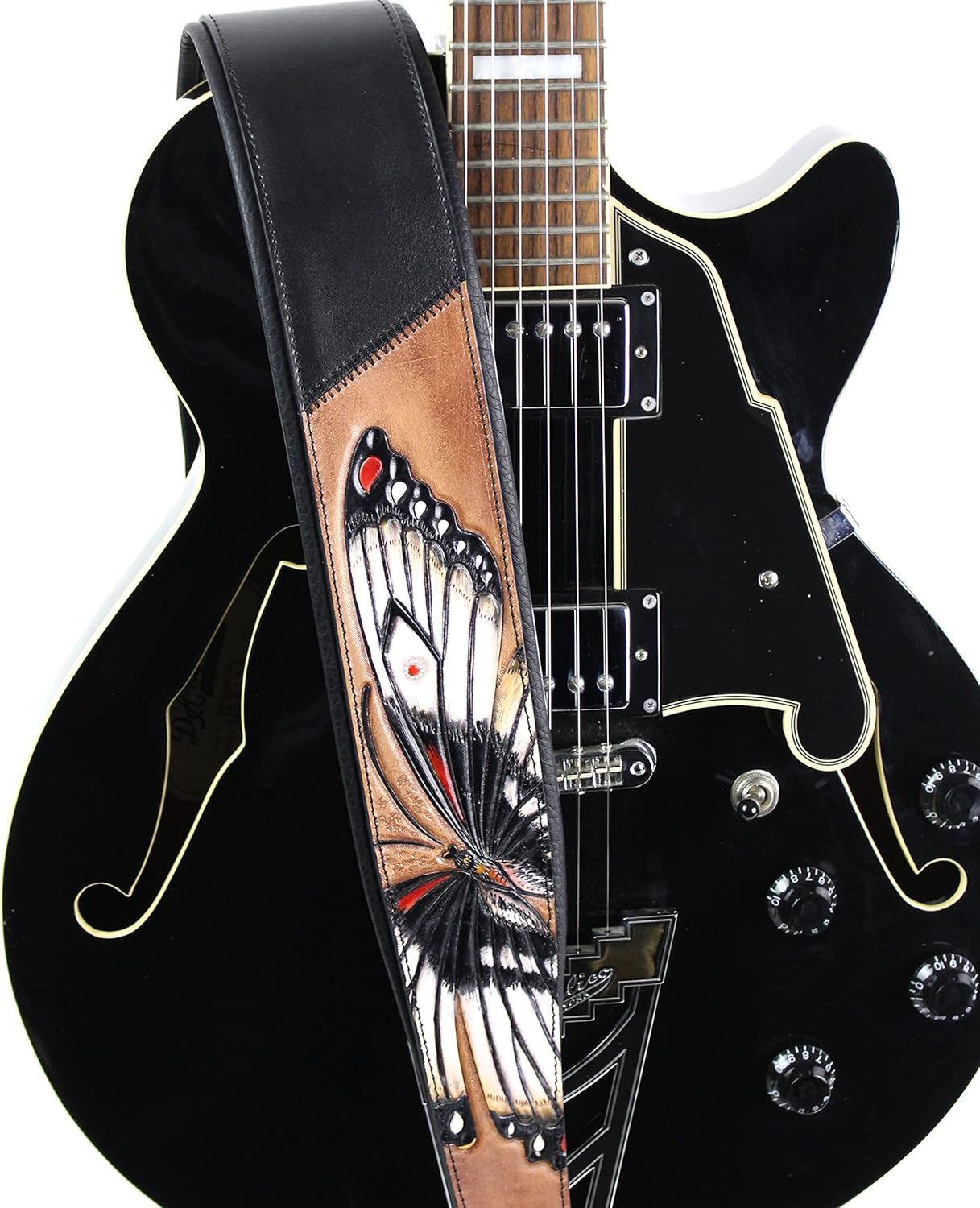 Walker and Williams KB-58 Large White Butterfly Carving On Padded Black Guitar Strap Hand Carved On Premium Tan Carving Leather for Acoustic, Electric, and Bass Guitars