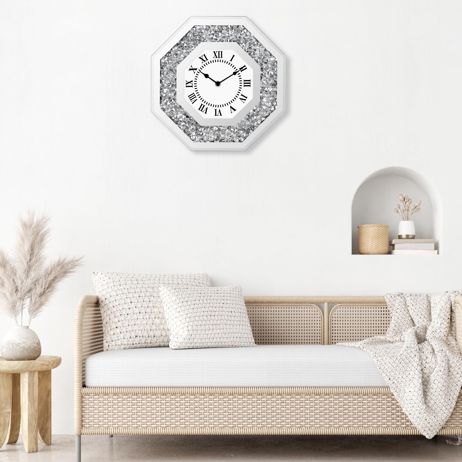 Orologi da parete Moderni per Soggiorno, Orologio da parete con Glitz senza Ticchettio Argento, Orologio da parete Diamante di Lusso Ottogonale da 30 cm, Orologio con Cristalli Glitz con Meccanismo al