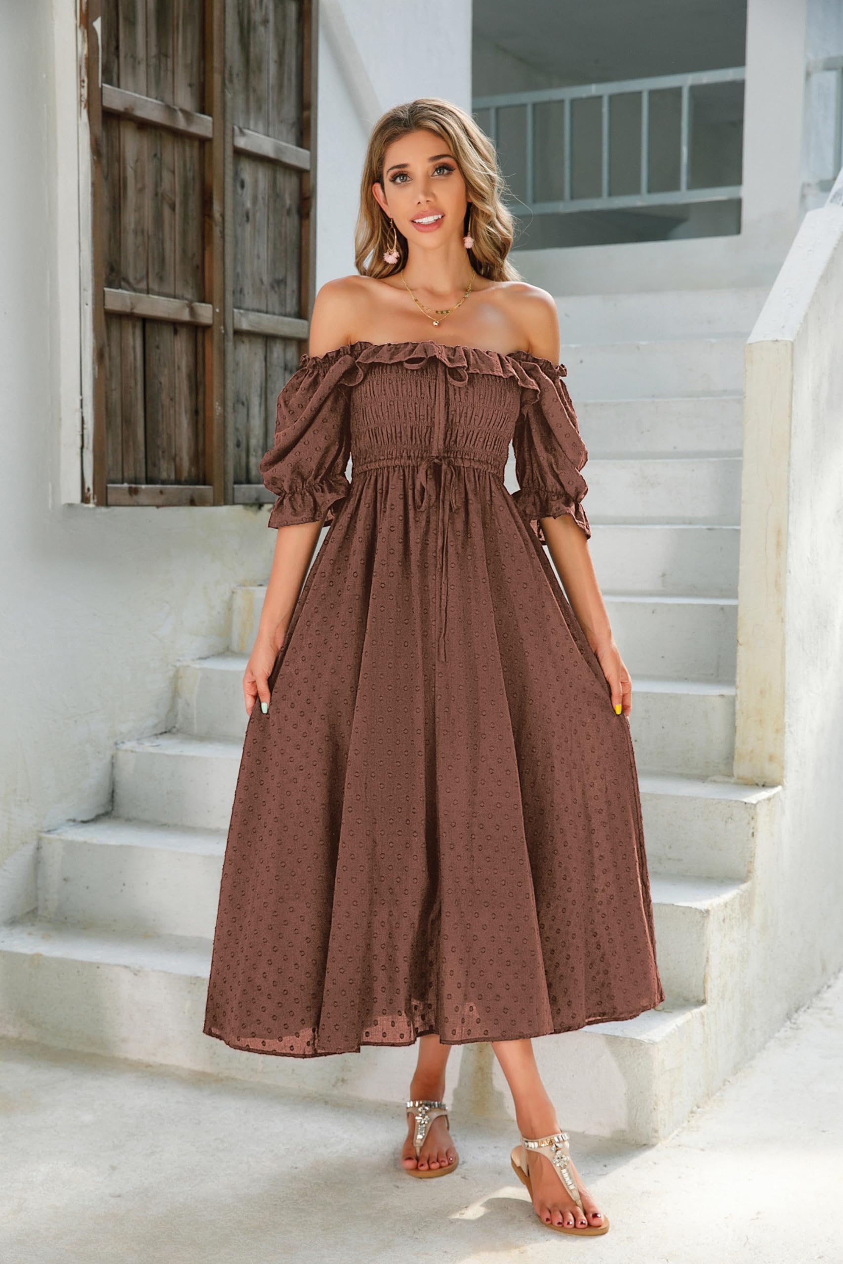 R.Vivimos Damen Polka Dot Slim Half Sleeve Puff Flare Sleeve Square Neck Tie Langes Midikleid