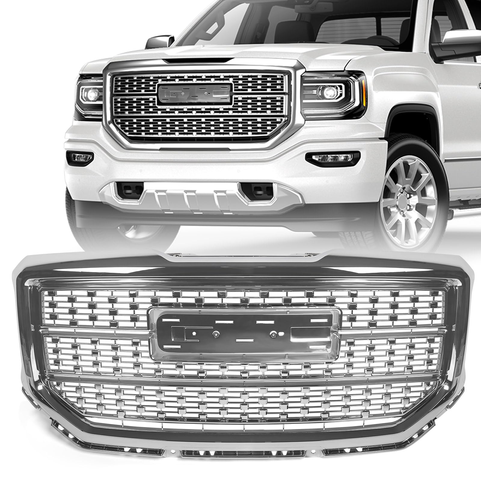 KACHIR 2016-2018 Grill for GMC Sierra 1500 Base SLE Denali Style Chrome Front Upper Bumper Grille