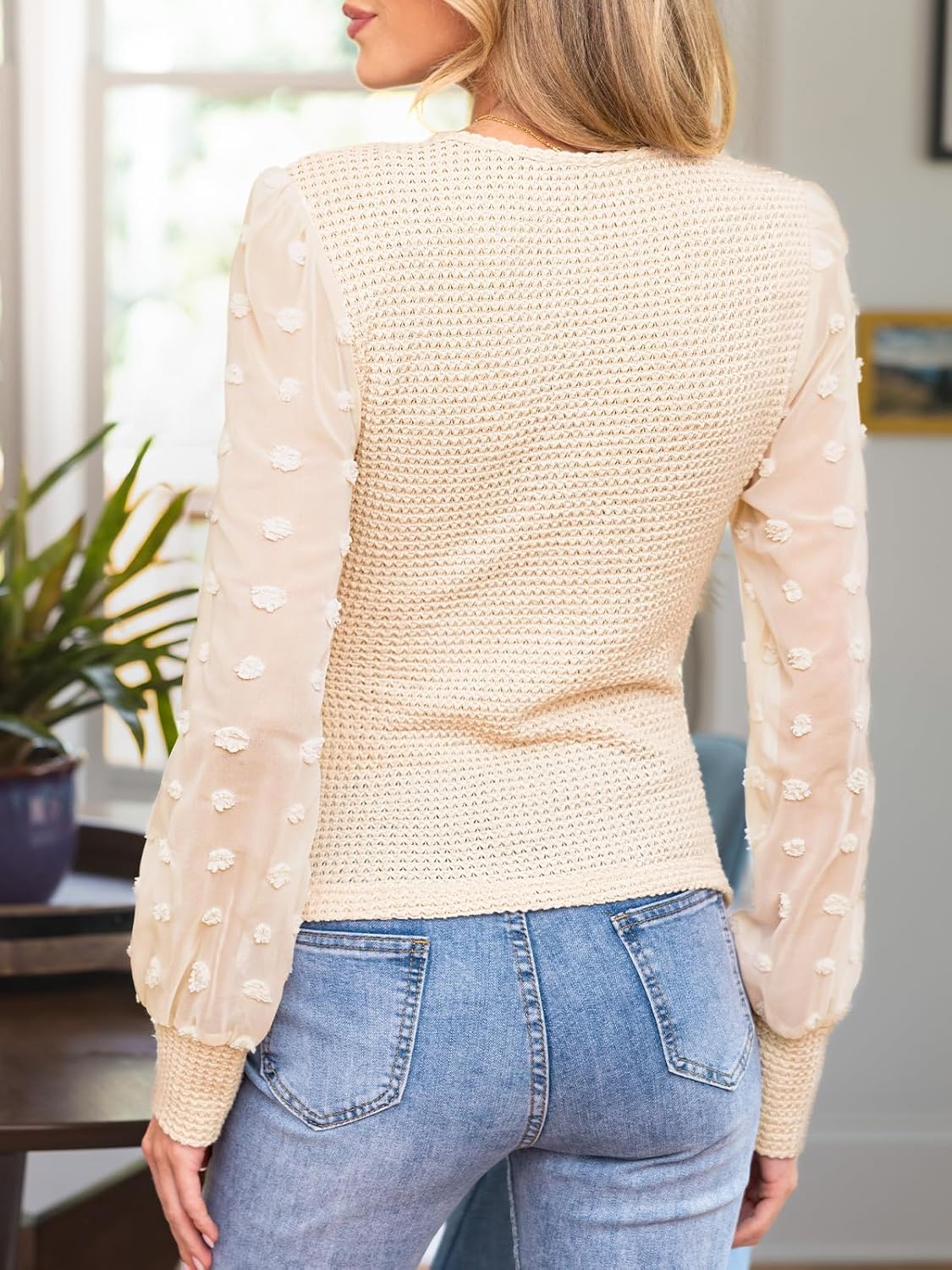 CUPSHE Long Sleeve Shirts for Women Dressy V Neck Lace Tops Ruched Sexy Slim Fit Bussiness Casual Blouse Vacation Outfits Beige XL - Image 5