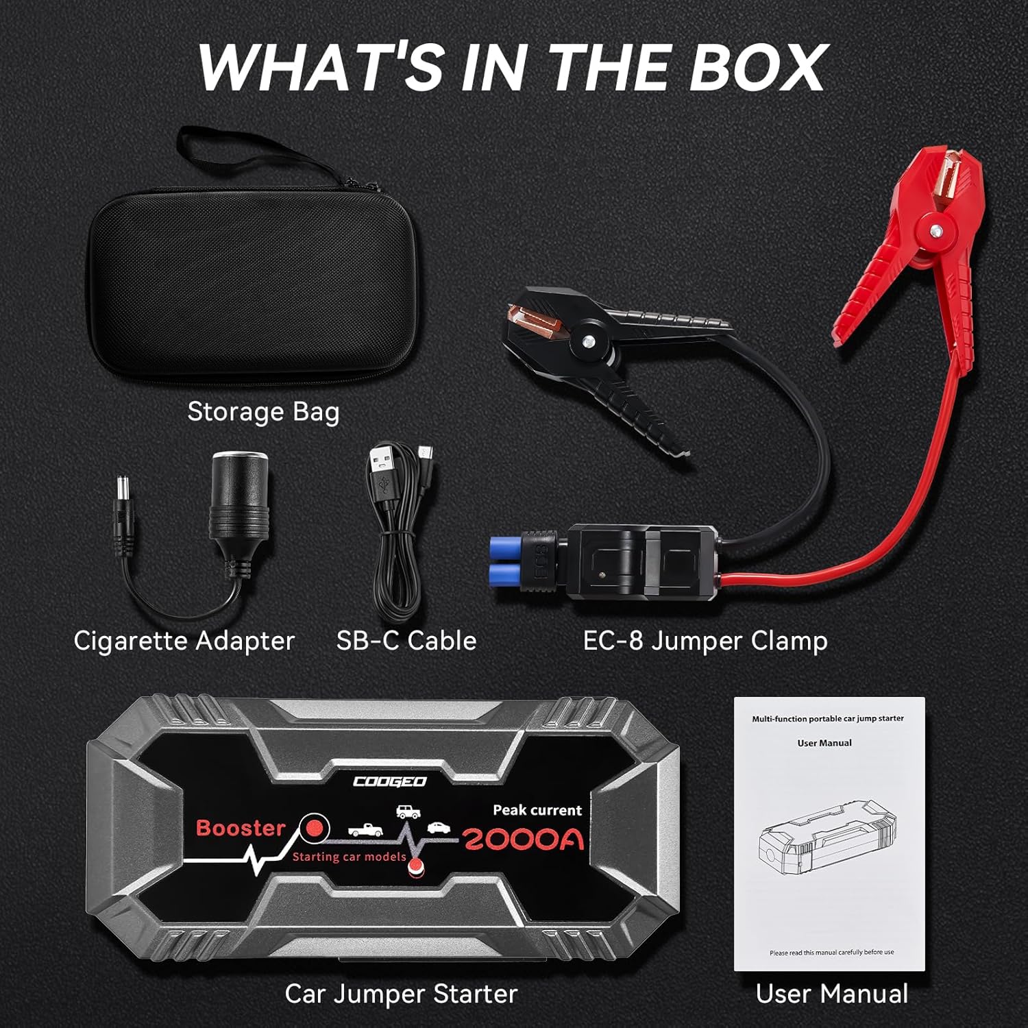 Car Battery Jump Starter Portable, 2000A Jump Starter Battery Pack for 8.0L Gasoline and 6.0L Diesel Engines, 12V Jump Box for Car Battery with EC8 Jumper Cables, Black