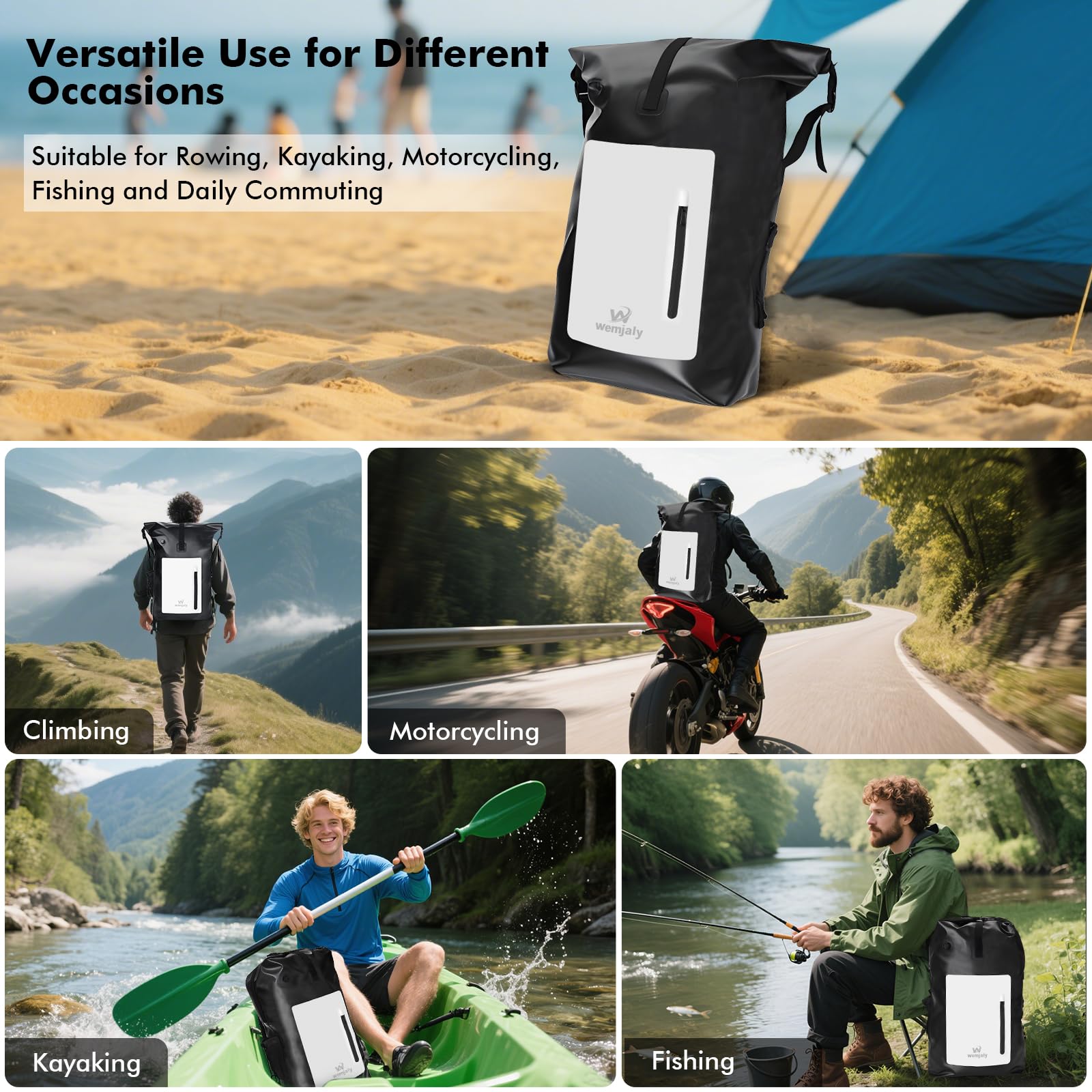 Wasserdichter Rucksack - 30L Rolltop Rucksack mit Laptopfach Reißverschluss Tasche und IPX8 Handyhülle, Dry Bag Rucksack für Kajak, Angeln, Rafting, Radfahren, Täglichen Gebrauch