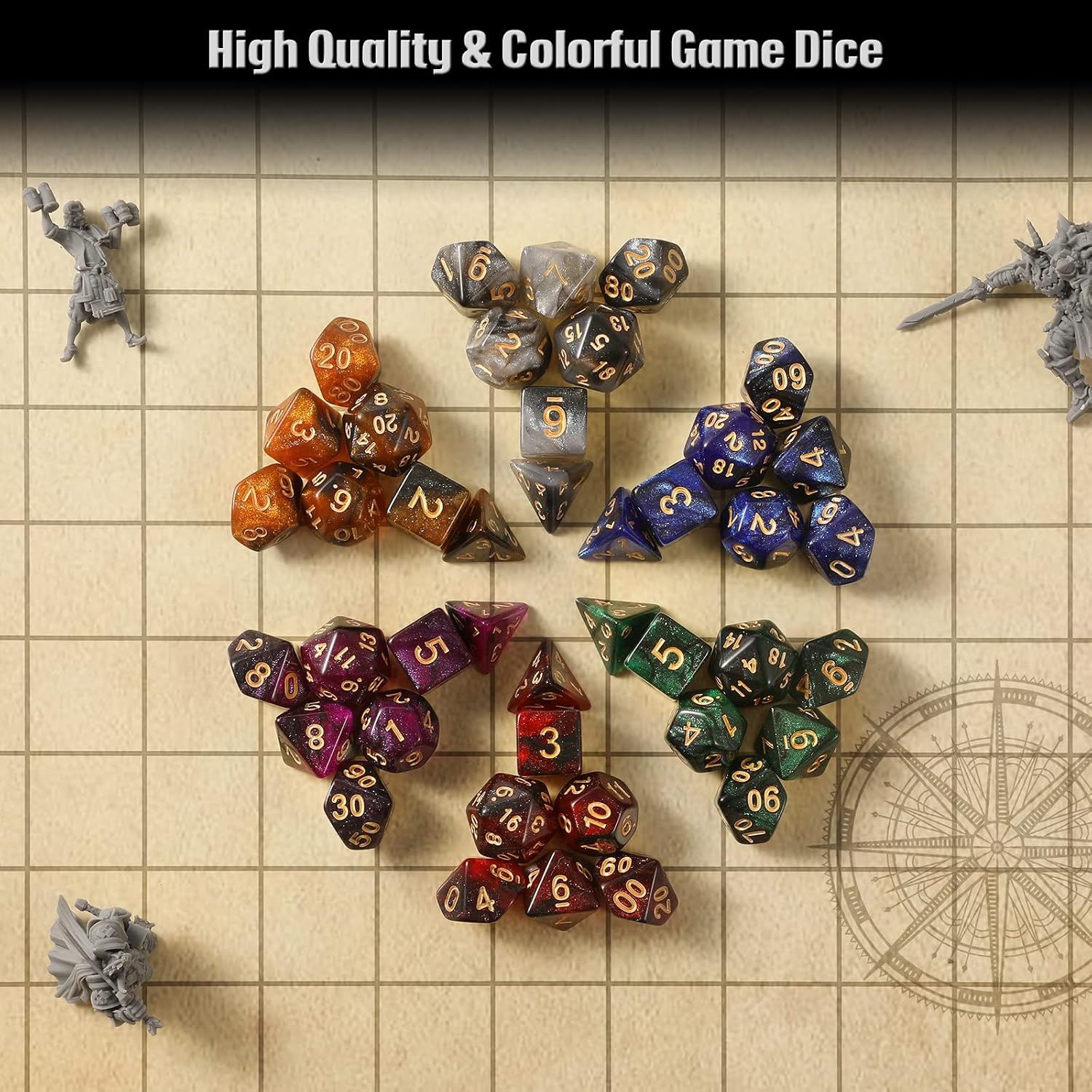 Grajar DND Dice Set, 42 Pcs polyhedral dice Set with 6 Colorful Animal Pattern Dice Bag and PU Leather and Velvet dice Tray for Dungeons and Dragons D&D RPG MTG Table Games Starry Sky