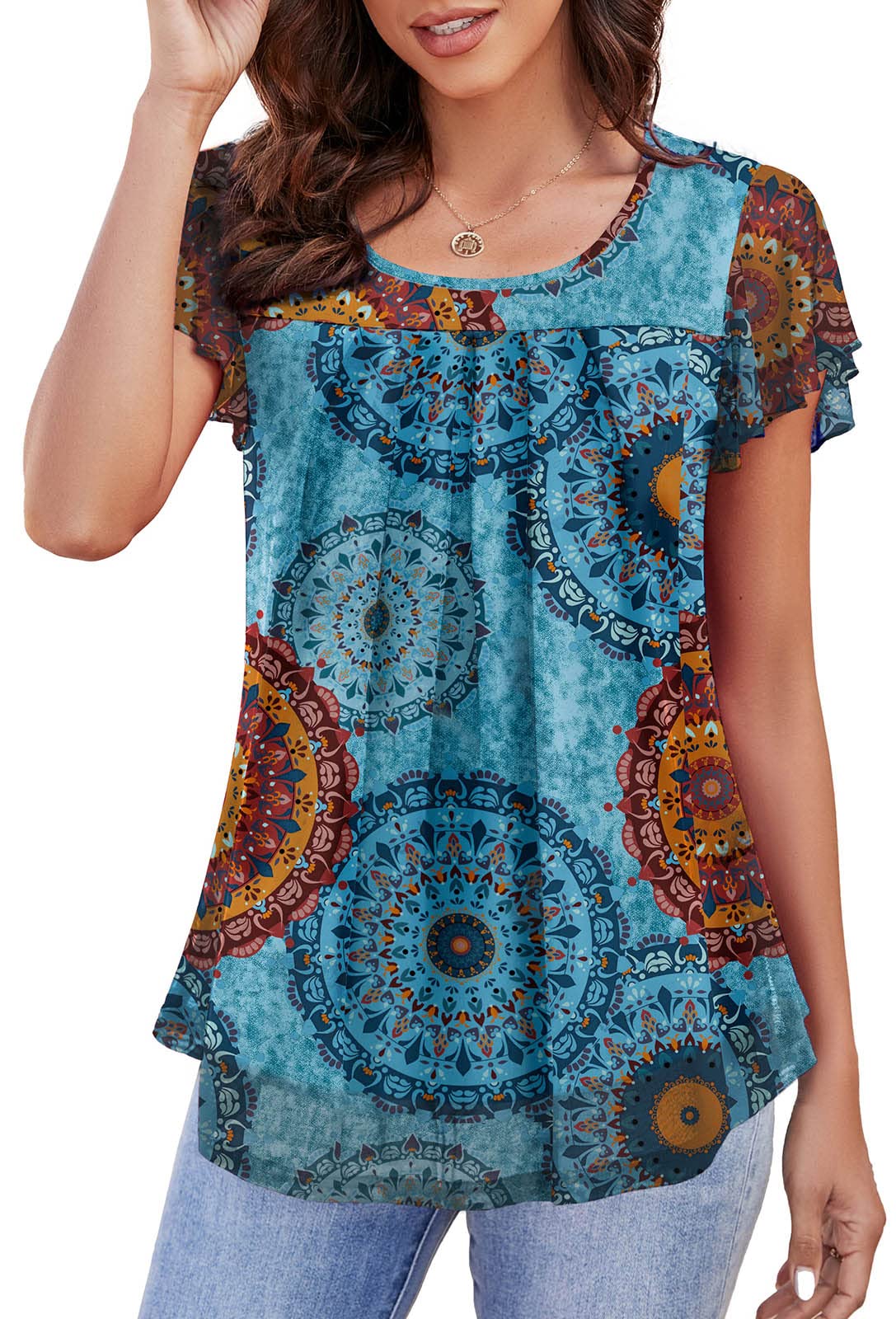 KOAIZ Womens Ruffle Short Sleeve Mesh Blouses Casual Pleated Tops Loose Flowy Tunics Summer Shirts