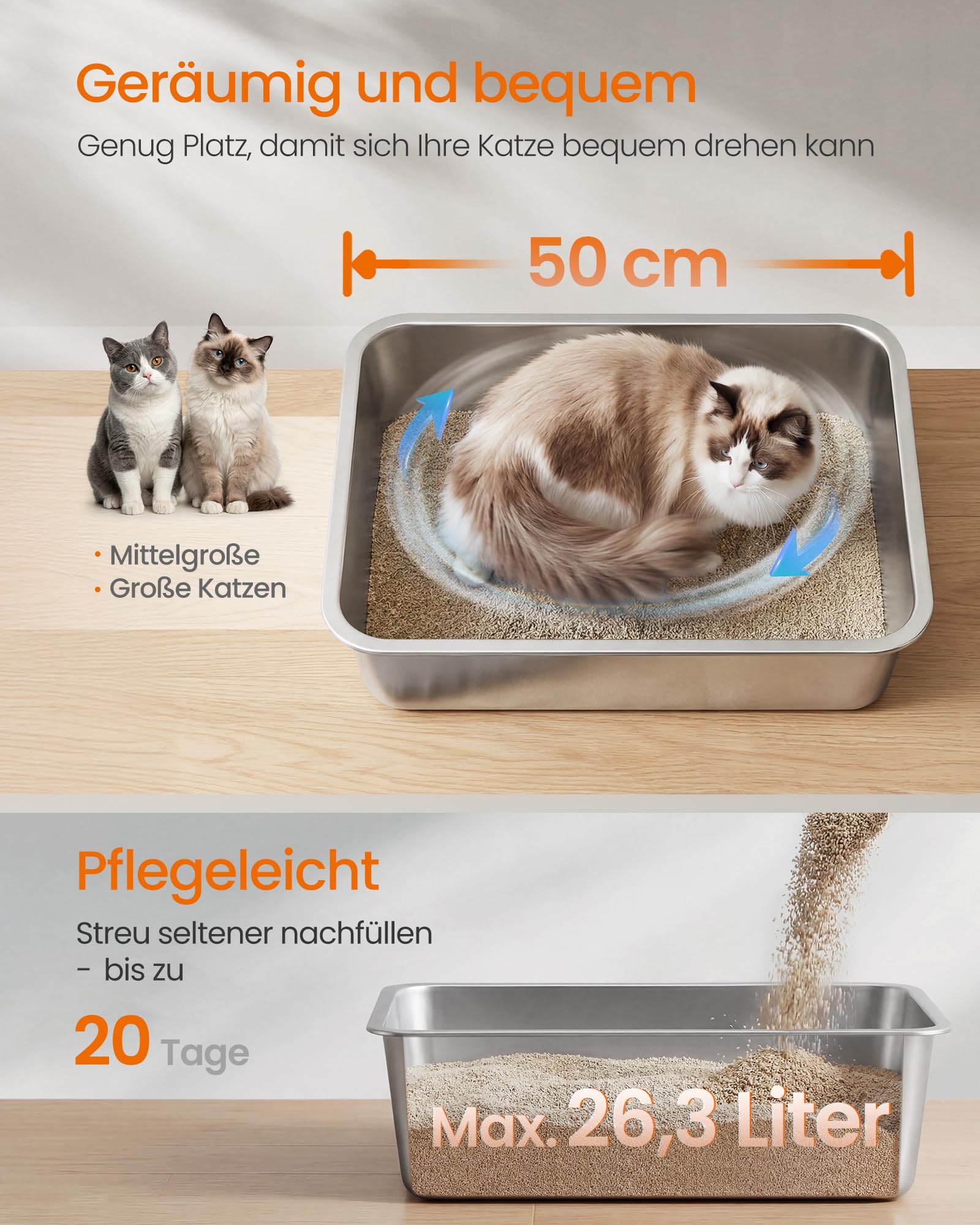 Feandrea Edelstahl Katzenklo, Große Katzentoilette, XXL Katzentoilette Edelstahl Offen, 50 x 35 x 15 cm, PPT016E101 - 5