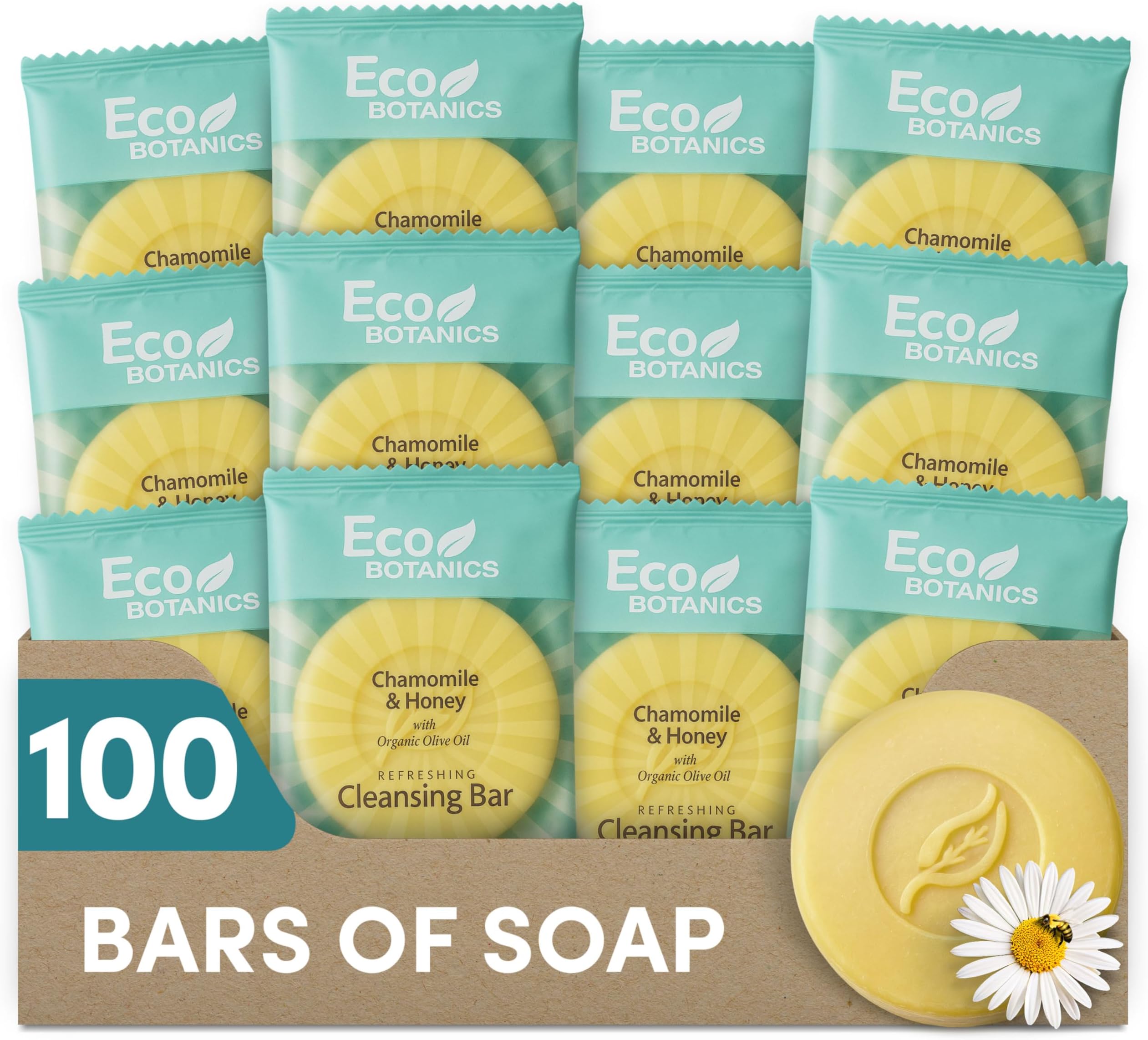 Eco Botanics Travel Size Cleansing Soap Bar 100 Count 0.5 oz Bottles Guest Amenities for Hotels Vacation & Short Term Paraben Free White Tea Scent with Aloe & Olive Oil