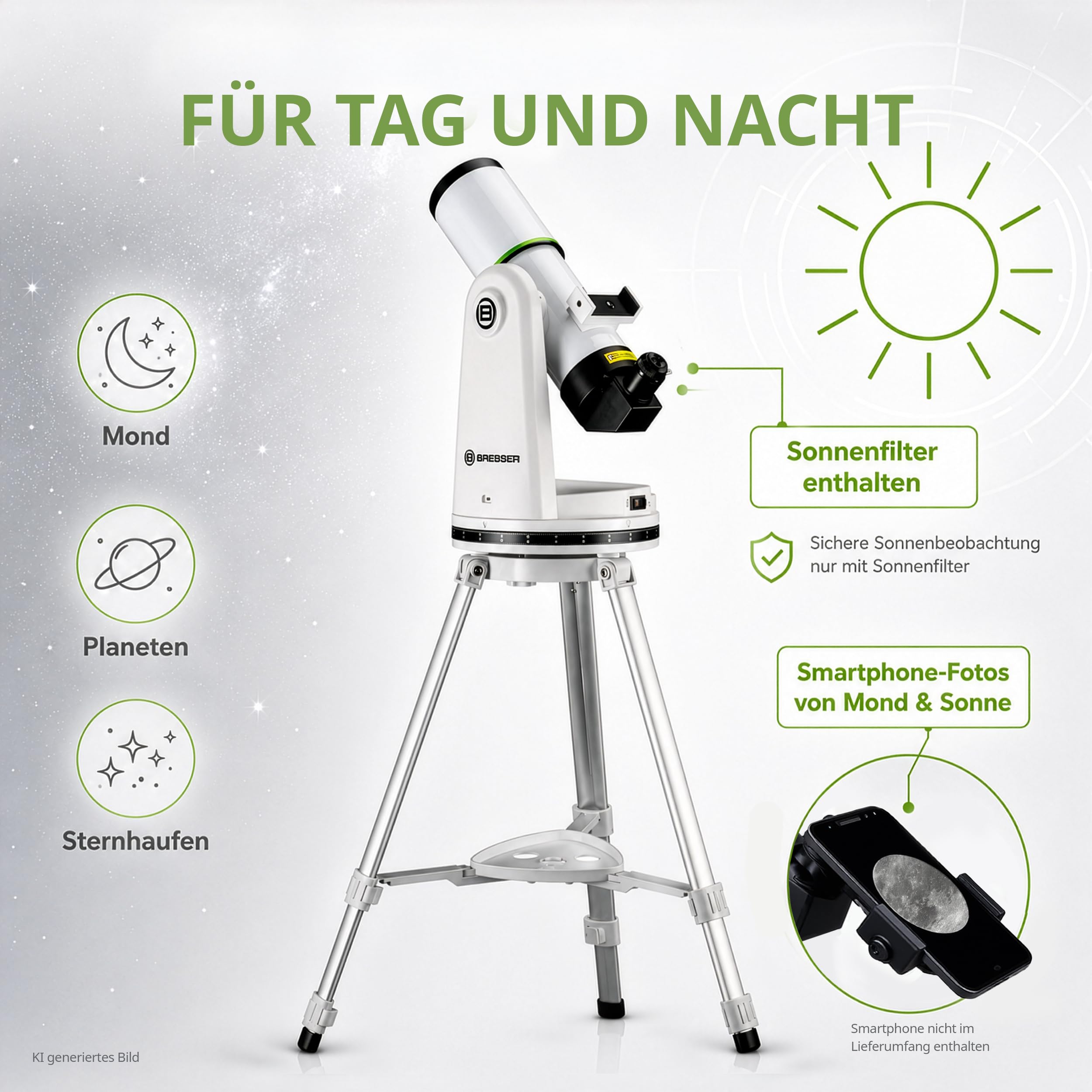Bresser PushTo AR 80/400 Telescopio Inteligente con App y trípode | Apertura de 80 mm, focal de 400 mm, navegación en tiempo real, uso de sobremesa, adaptador móvil, oculares, lente Barlow