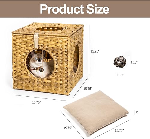 Miniatura 2 de Mewoo Ratten Cat House Condominio con ratán interactivo de bola colgante * 4 juguetes y cojín de algodón, cama de mimbre cerrada para gatos, trigo