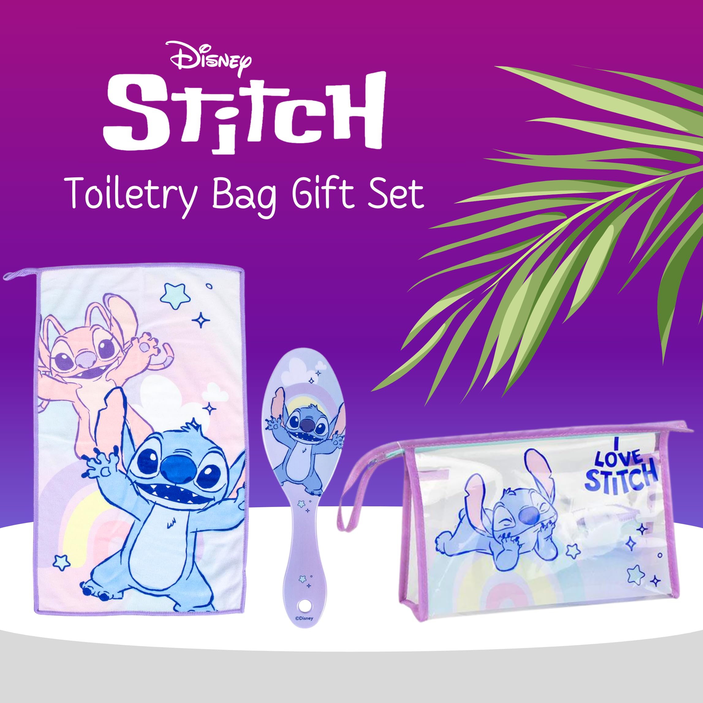 Disney Stitch Trousse de Toilette pour Enfant, Motif Stitch et Angel, avec Brosse à Cheveux, Serviette et Porte-Monnaie, sans PVC