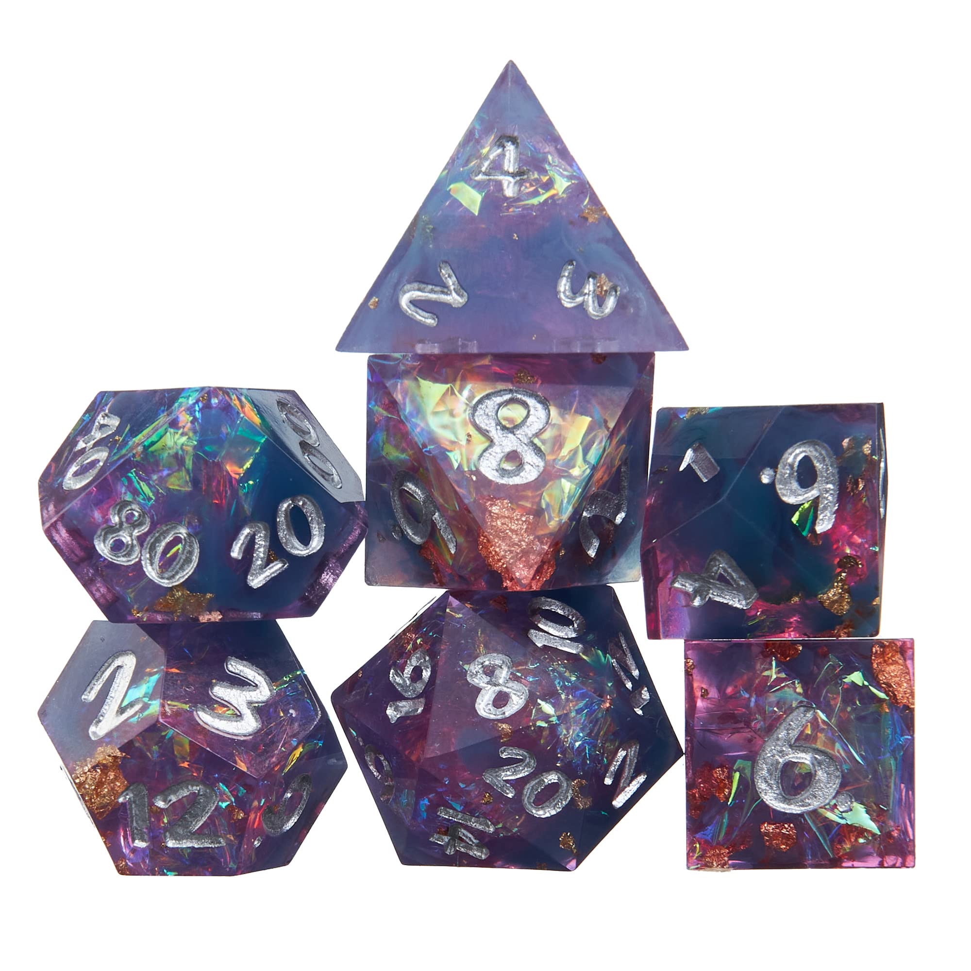 Dés polyédriques Sharp Edge dans un étui en cuir – Lot de 7 matrices en résine avec insert en aluminium arc-en-ciel – Coffre de protection – Accessoires et articles de collection TTRPG DND