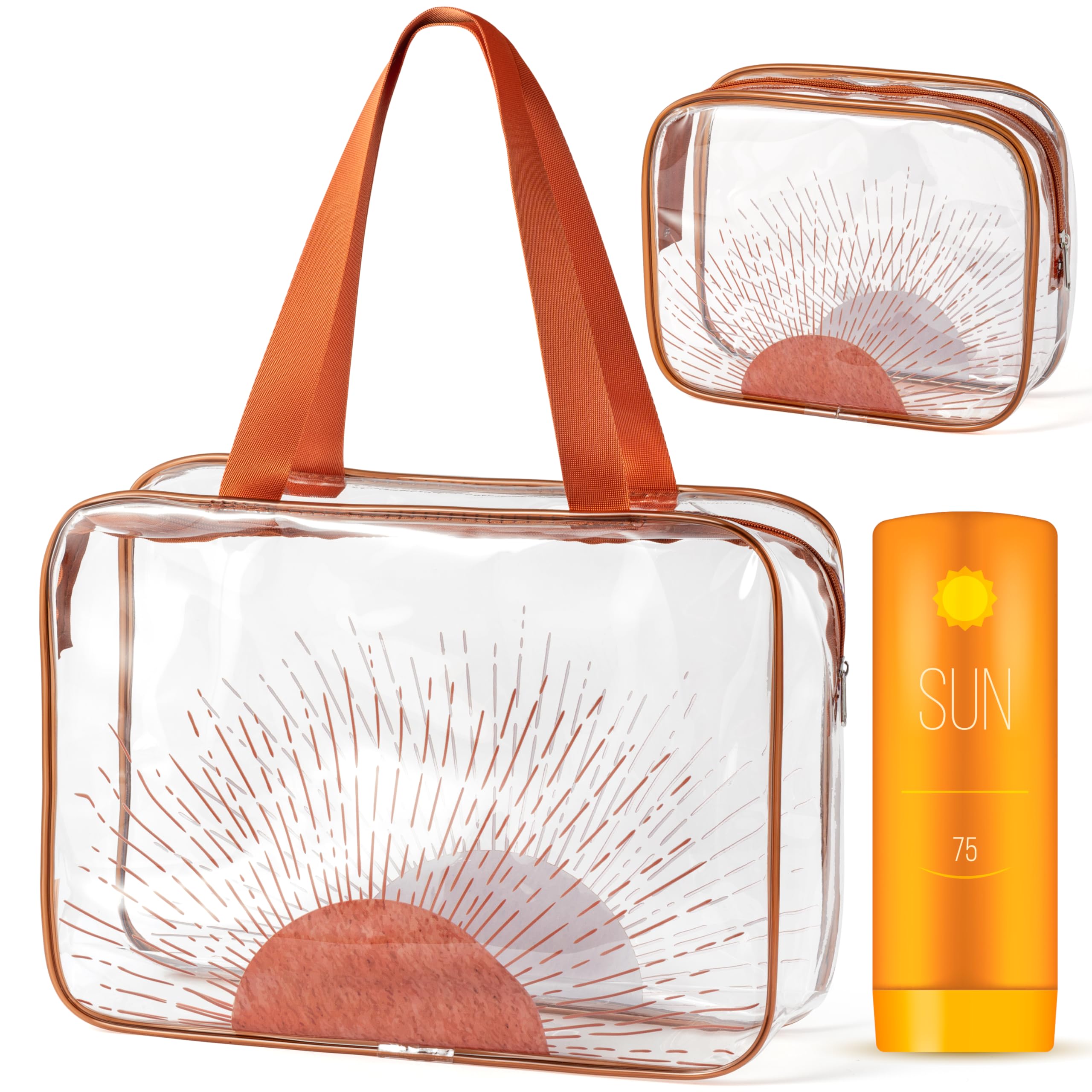 Y1tveiBoho Sun Cosmetic Bag - 2PCS Large Boho Sunshine Ray Makeup Bag With Sunrise Handle PVC Transparent Waterproof Clear Swim Bag Travel Organizer Handbag Compliant Toiletry Bag for Women Girls