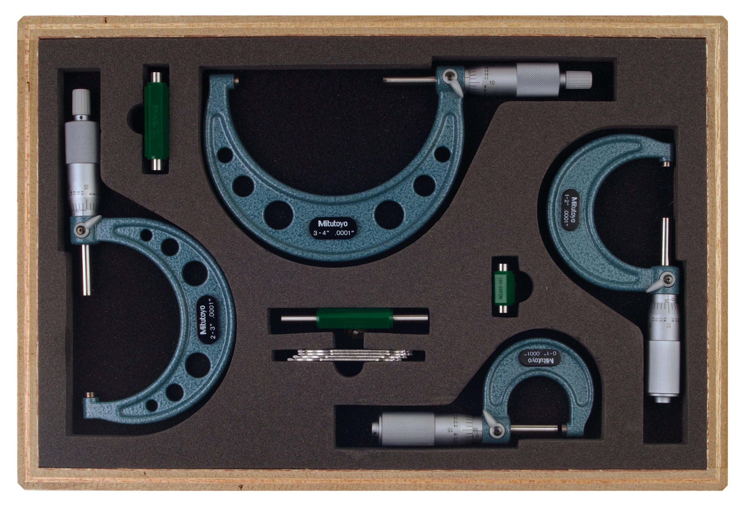 Mitutoyo 103-931 Outside Micrometer Set with Standard, 0-4" Range, 0.02" Graduation (4 Pack)
