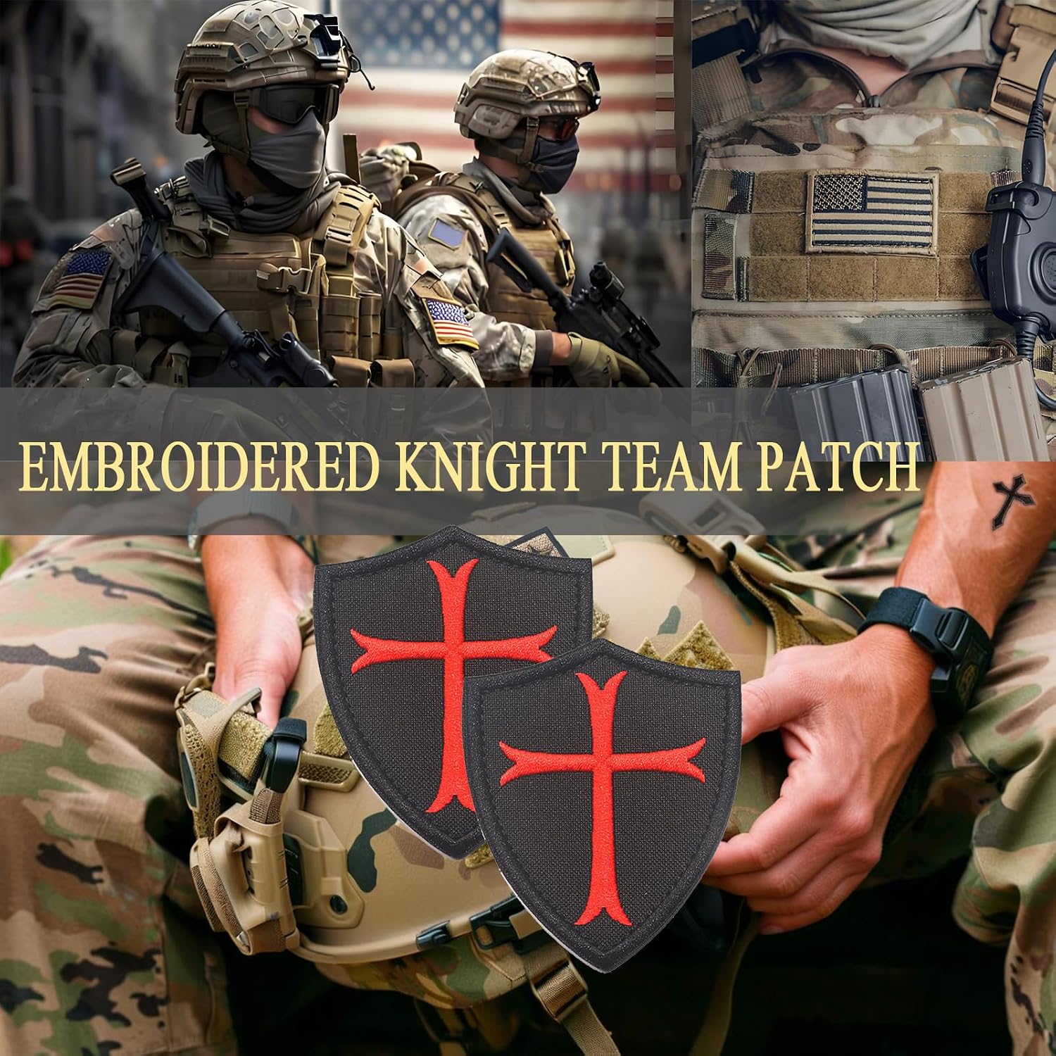 2PCS Knights Templar Cross Patches Knight Patch Embroidered Morale Patch Hook and Loop(Black)