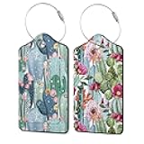 Beautiful Pastel Vintage Cactuses 2 Pack PU Leather Luggage Tags with Stainless Steel Loop, Watercolor Roses Travel Labels with Privacy Cover ID Label for Quick Spotting