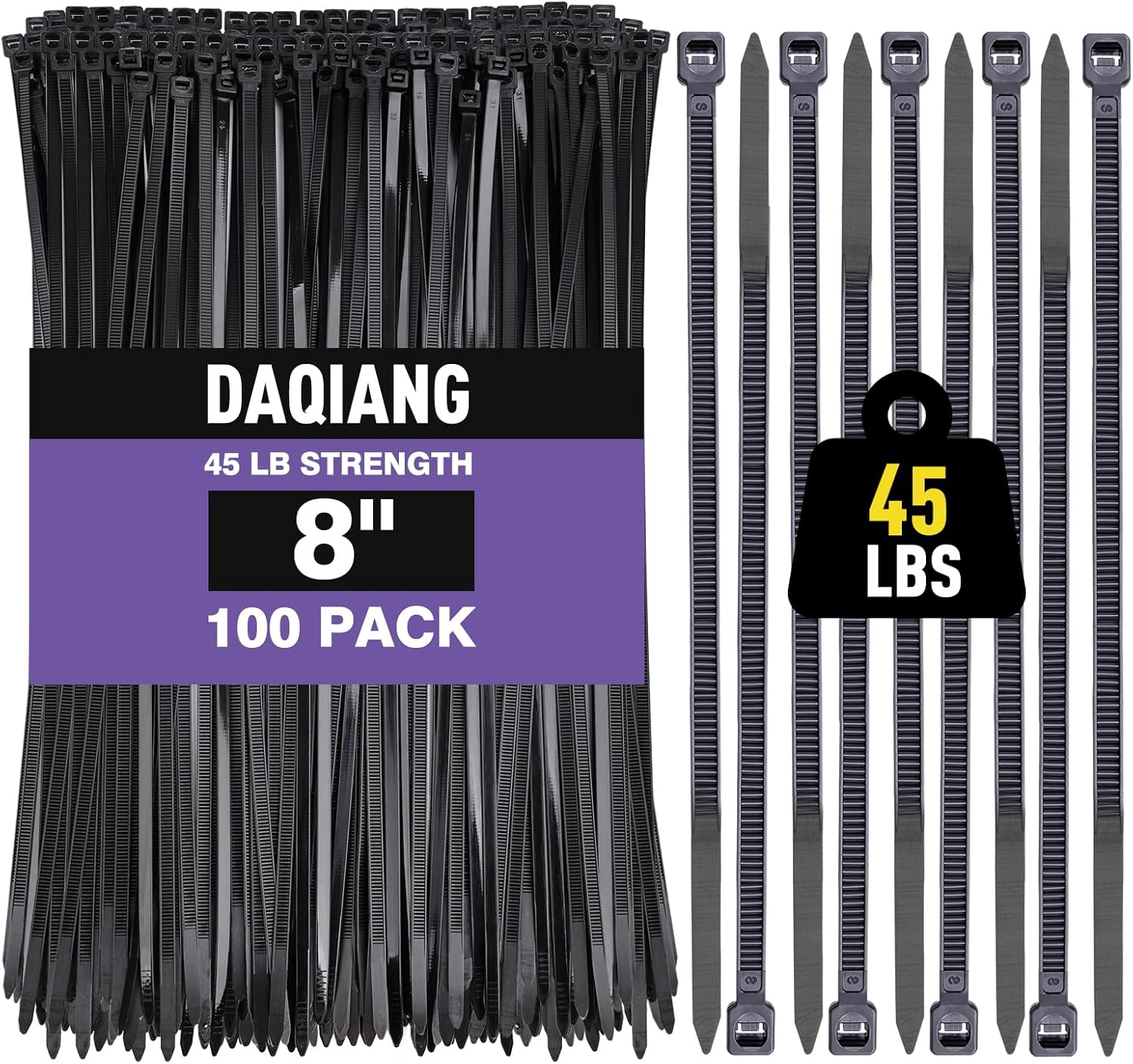 Black 8 Inch Zip Ties (100 Pack), 45LBS Tensile Strength, UV Resistant Nylon Cable Ties for Indoor & Outdoor Cable Management. Self-Locking Wire Ties.DAQIANG