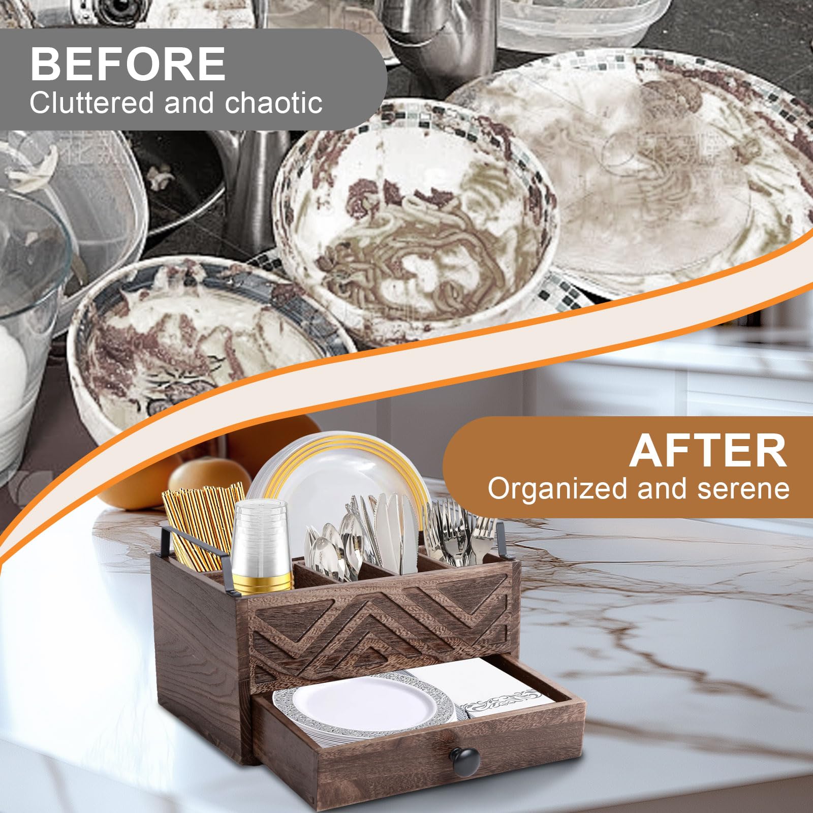 Dispensador de platos de papel con cajón, organizador de encimera de cocina de madera rústica para tazas, cucharas, tenedores, platos, servilletas y cubiertos (marrón)
