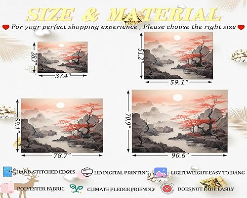 Miniatura 6 de QGHOT Tapiz japonés de paisaje, tapiz asiático para colgar en la pared, naturaleza china, puesta de sol, tapiz de pared escénico para dormitorio,