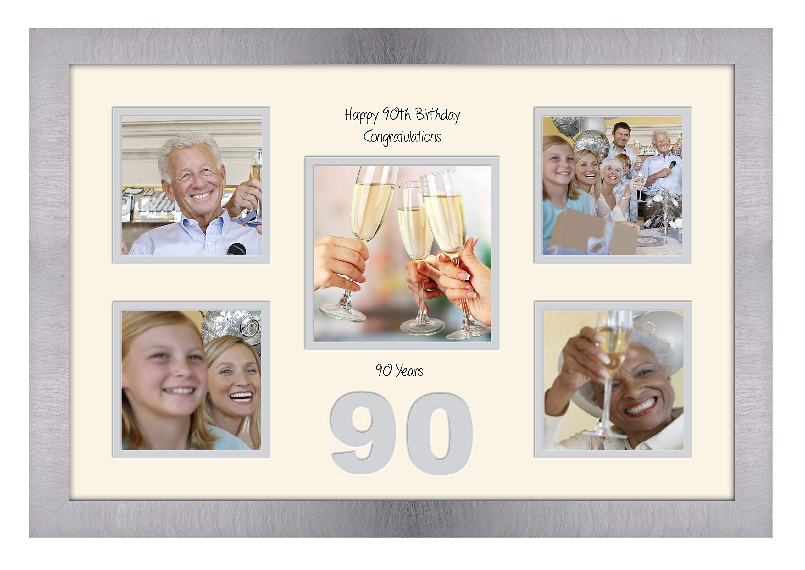 Photos In A Word Brushed Silver Finish Frame Cream Mount Grey Inside 90Th Birthday Photo Frame 4"X4" X4 And 5"X5" Photo 973D (Brushed Silver Finish Frame Cream Mount Grey Inside)