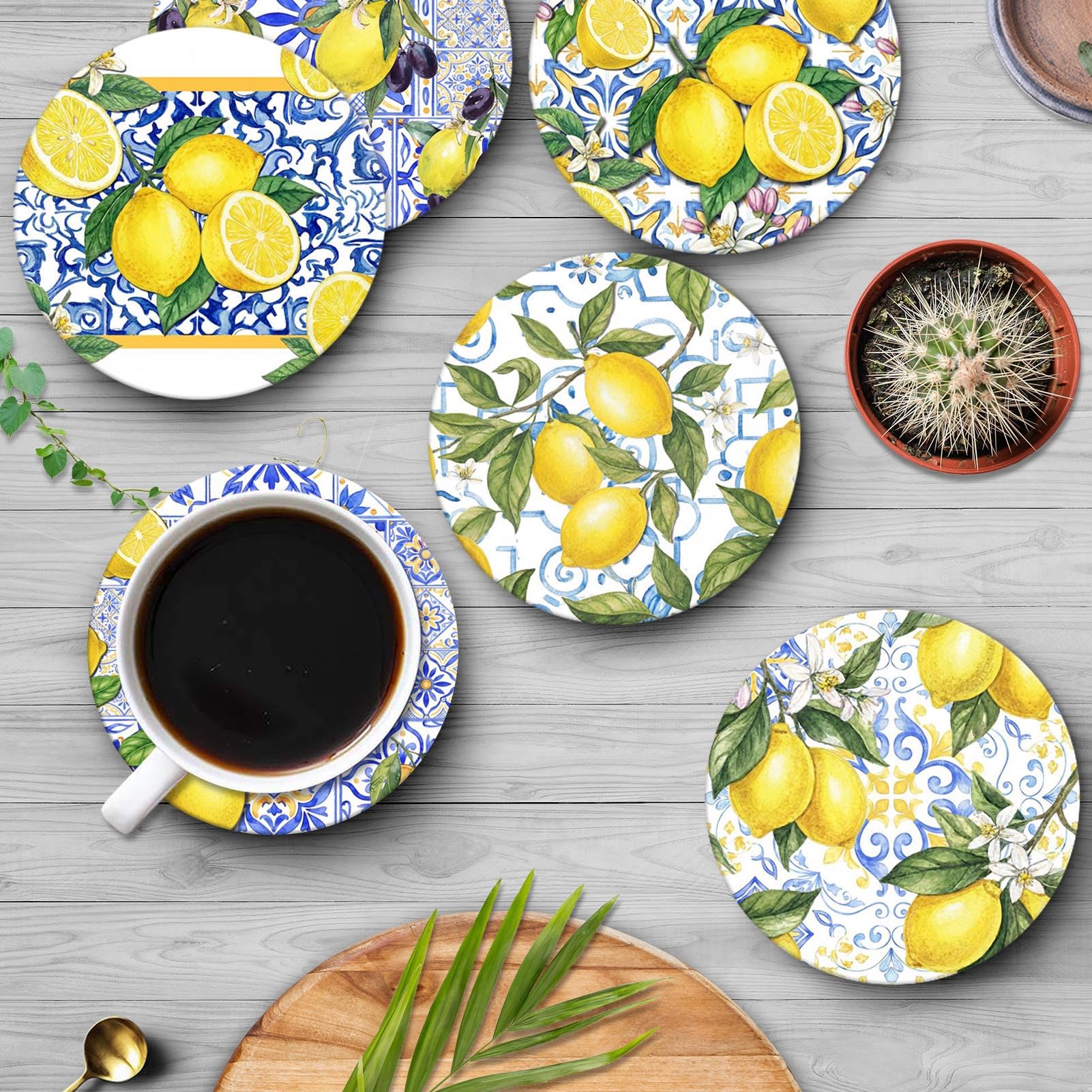 Untersetzer für Getränke, 6 Stück, gelbe Zitrone, Obst, Blau, Keramik-Muster, saugfähig, rund, Keramik-Steinmatte, mit Korkboden und Metallhalter, Geschenk für Einweihungszimmer, Bar, Dekor