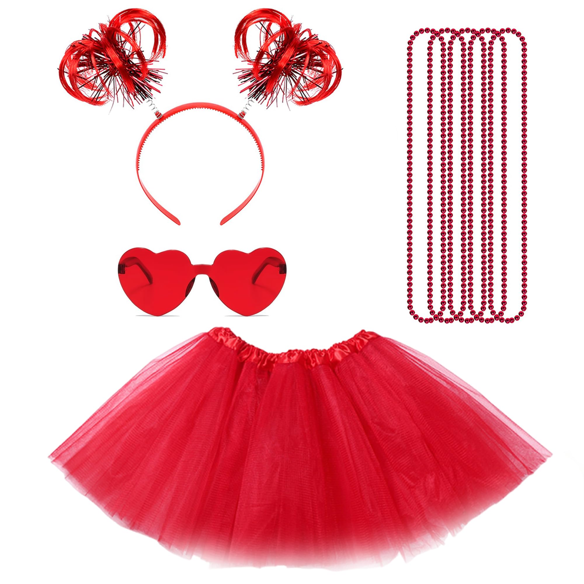 Party Outfit Set for Women - 8 Pieces Accessories: Tutu Skirt, Feather Hairband, Heart Sunglasses & Matching Necklaces