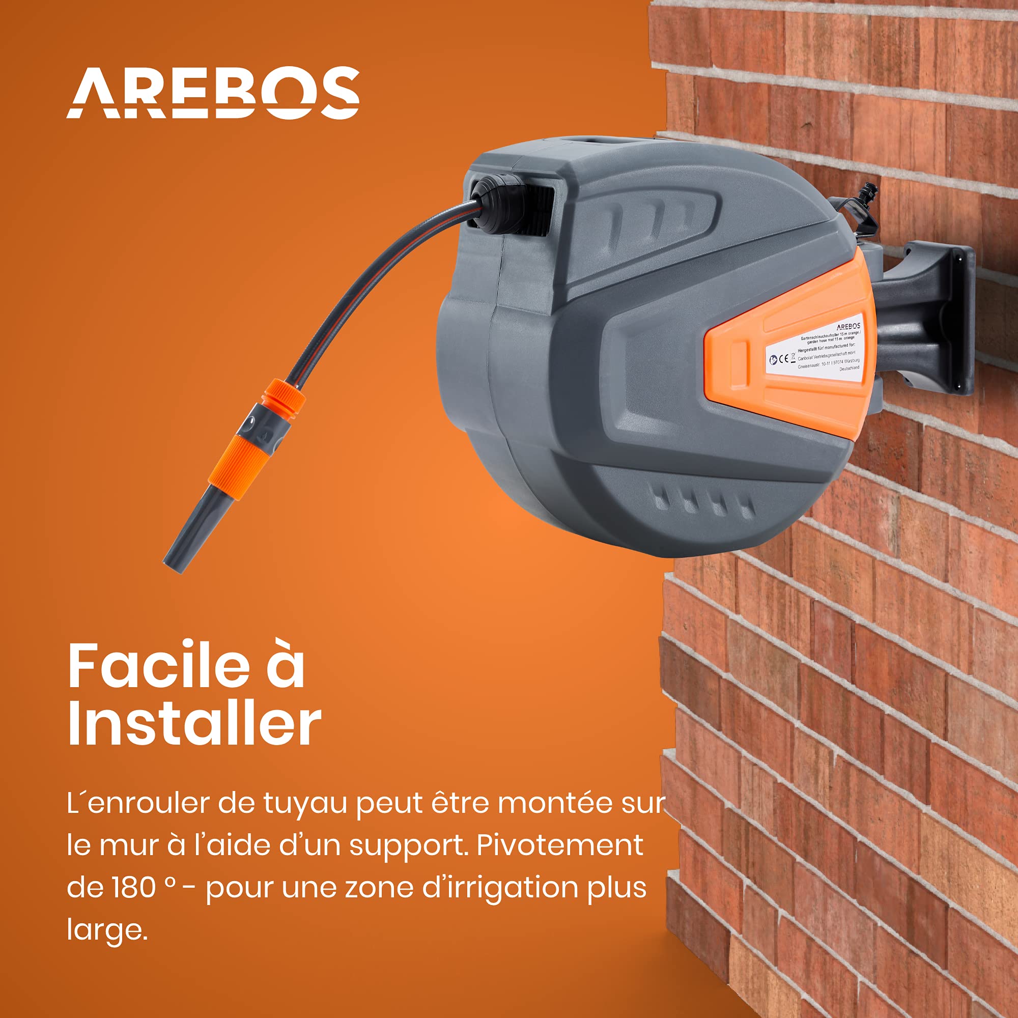 Arebos Enrouleur de tuyau | Enrouleur de tuyau pivotant de 30 m | Boîte à tuyau murale avec arrêt de blocage | Support mural inclus | Mécanisme d'enroulement automatique | Orange