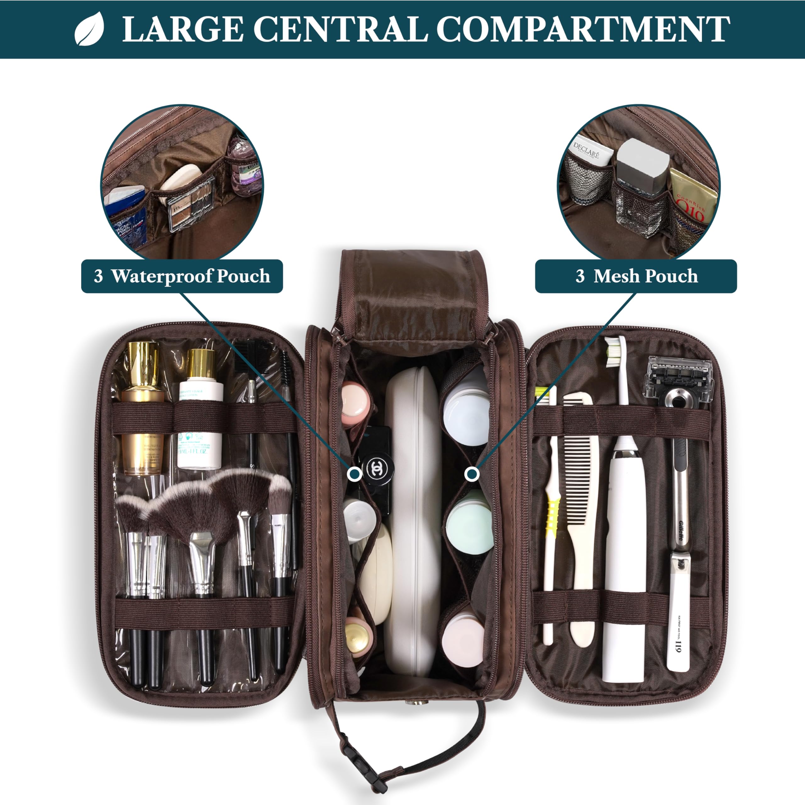 PAVILIA Borsa da bagno da uomo in pelle sintetica resistente all'acqua per rasatura, toelettatura, borsa da viaggio per trucco grande, Marrone scuro, Large (10.5x5.5x6), Astuccio da toilette