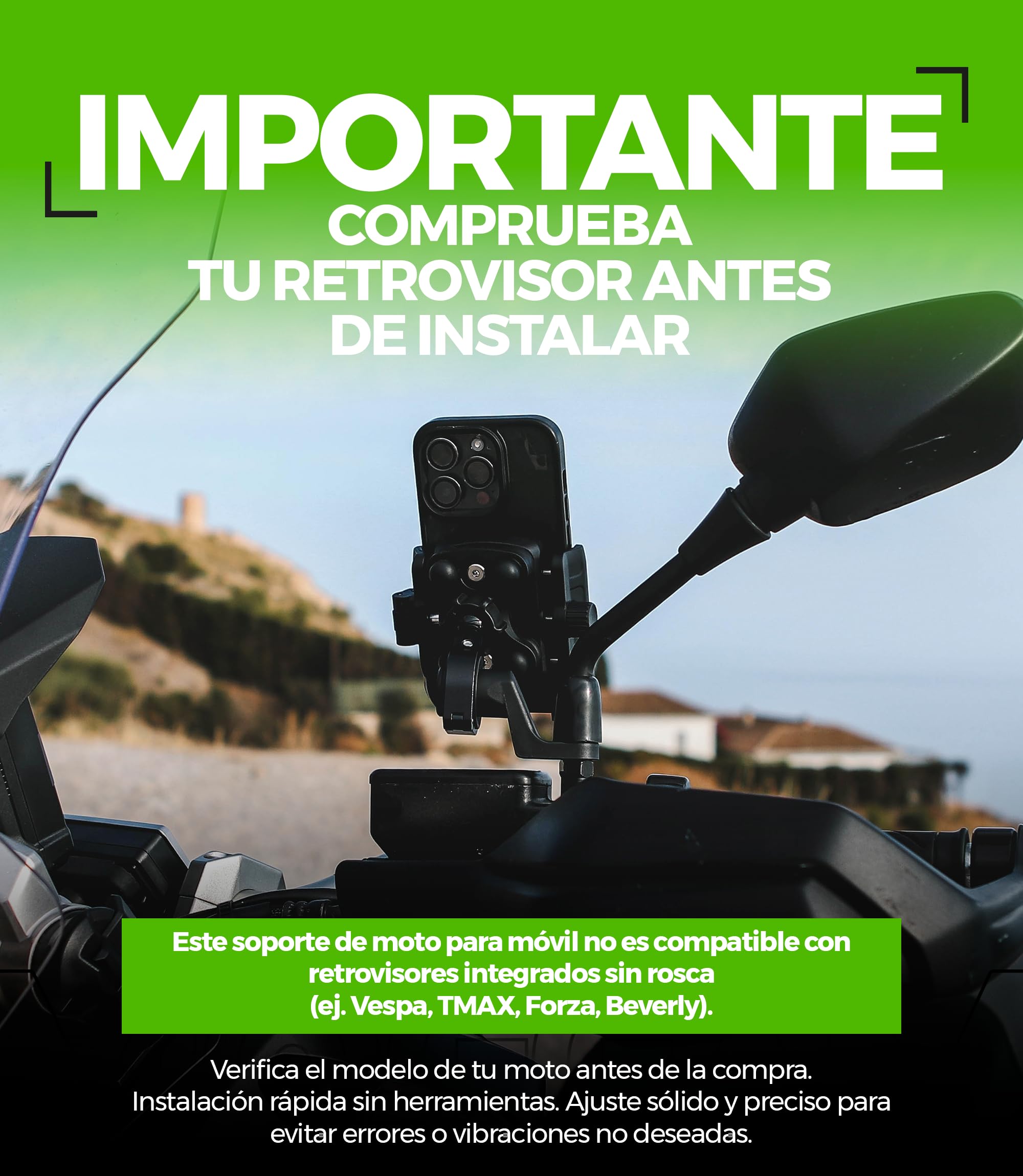 Soporte Movil Moto Antivibración de Aluminio CNC Liberación Rápida y Rotación 360° para Montaje en Manillar Espejo Retrovisor y Barras 12–14 mm Compatible con Scooter Bicicleta y Patinete Eléctrico — view 6