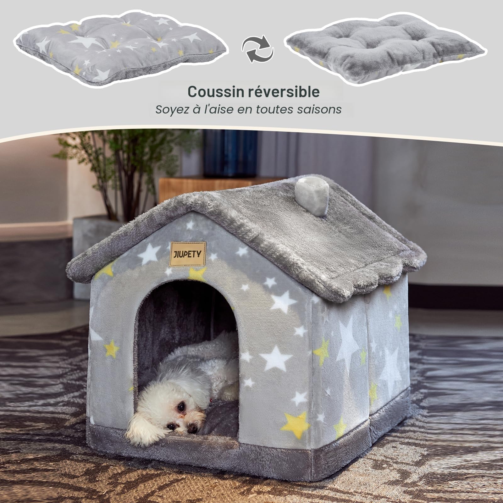Jiupety Niche pour Chien Intérieur avec Motif Étoilé, Maison Chien Toit, Taille M, Grey Star