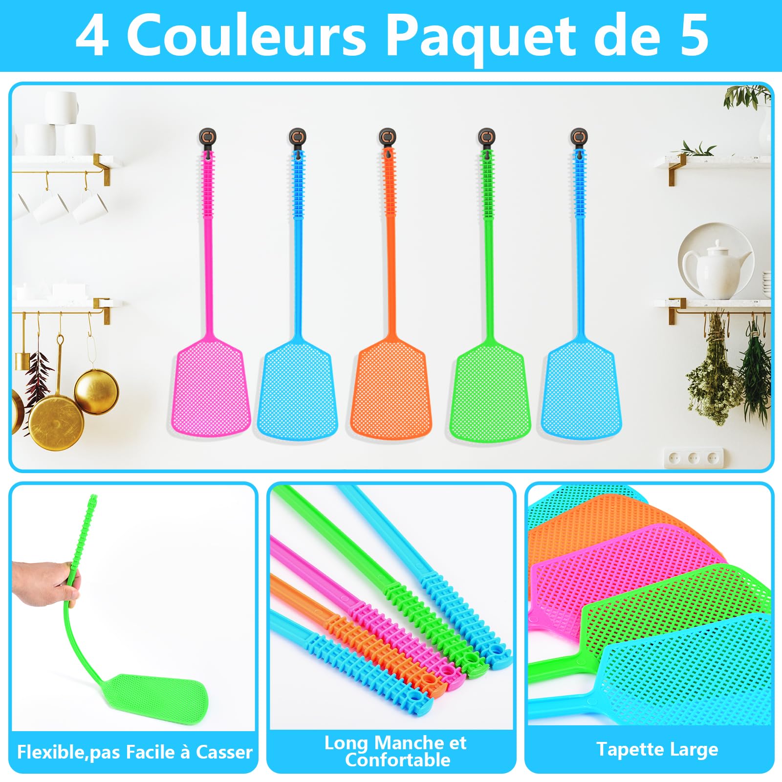 Tapette à Mouches Plastique Long Manche 5 Pièces Antiparasitaire Robuste
