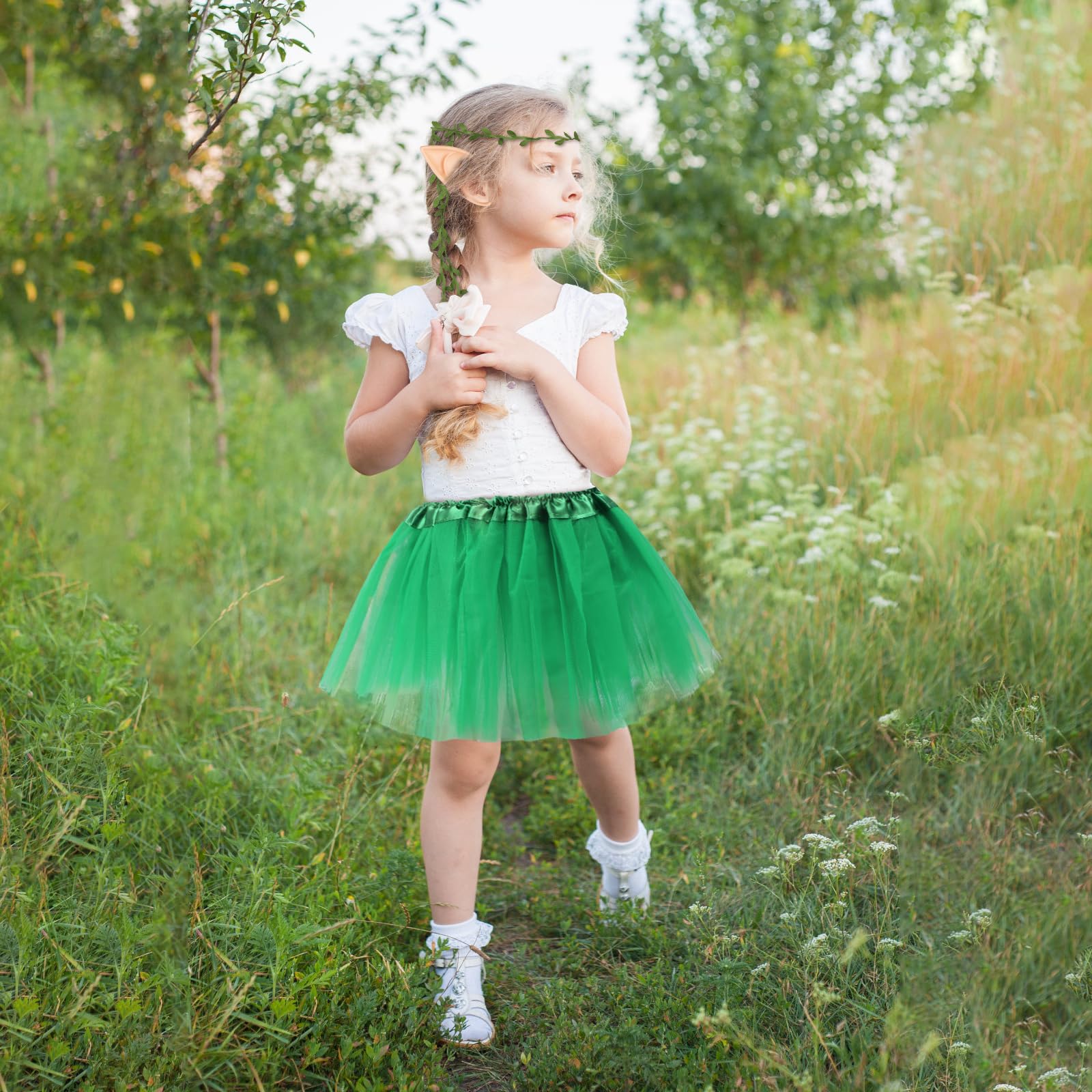 HONMOK 3 PCS Girls Elf Costume, Green Fairy Elf Outfit Include Leaf Crown Headband Elf Ears Tutu Dress - Image 2