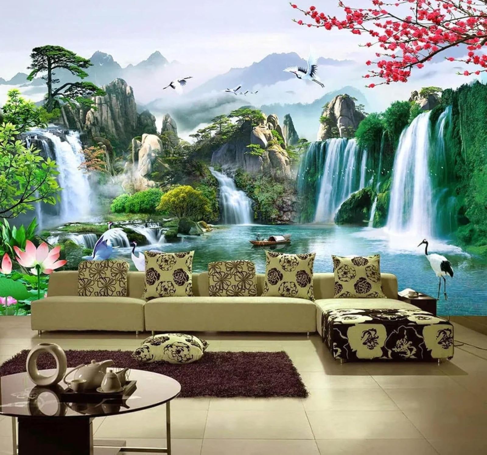 XLMING Beautiful Landscapes Flowers Waterfalls Fairyland 3D Wallpaper Luxury Silk Study Dining Feature Sofa Grey Bedroom Living Room Tv Decorative Wall-200cm×140cm