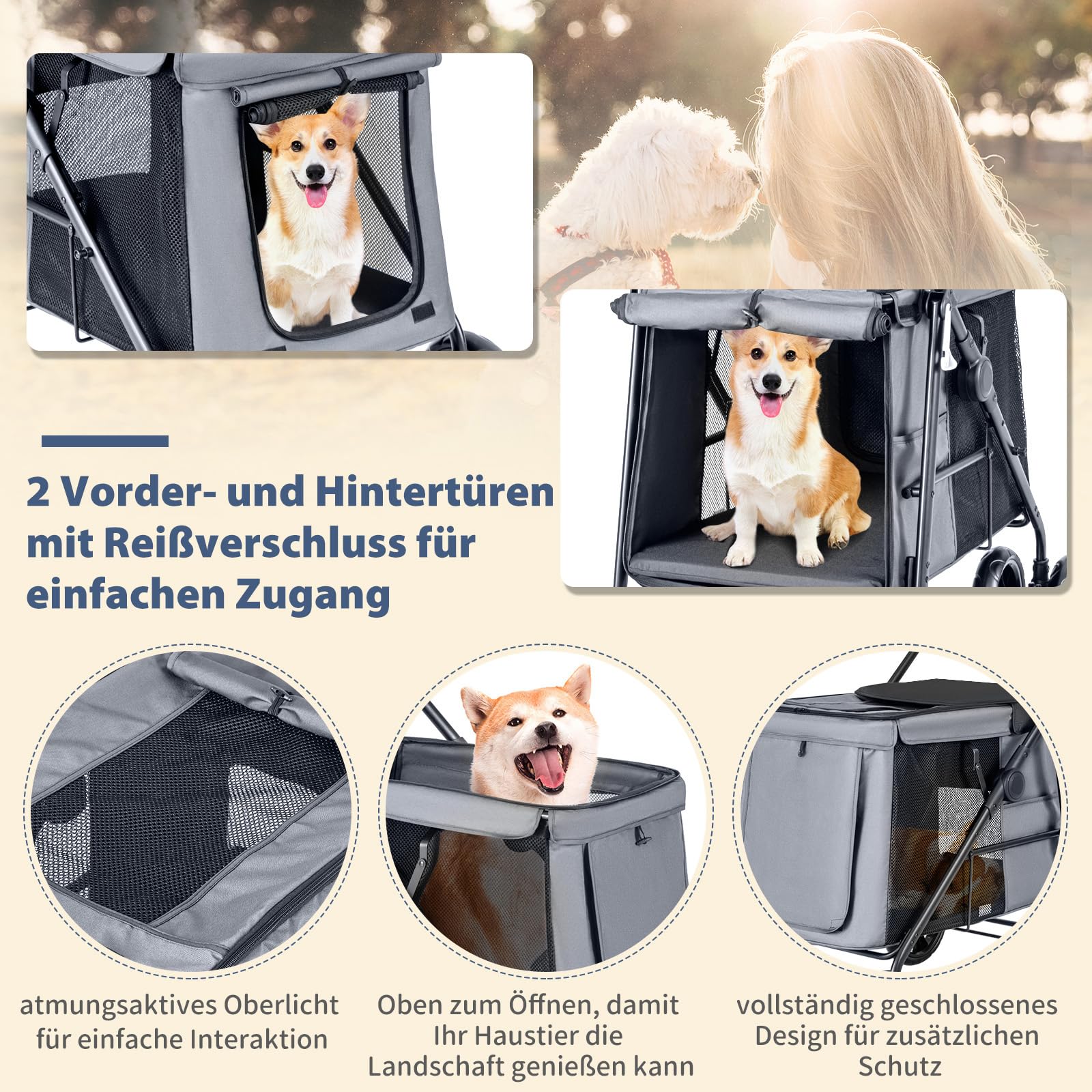 COSTWAY Hundewagen, Hundebuggy klappbar, bis 40 kg, Hundetrolley mit Kissen, Haustierwagen mit Netzfenstern & oberem Ablagefach & 2 Türen & Seitentaschen, Haustiere Buggy für Hunde Katzen (Grau)