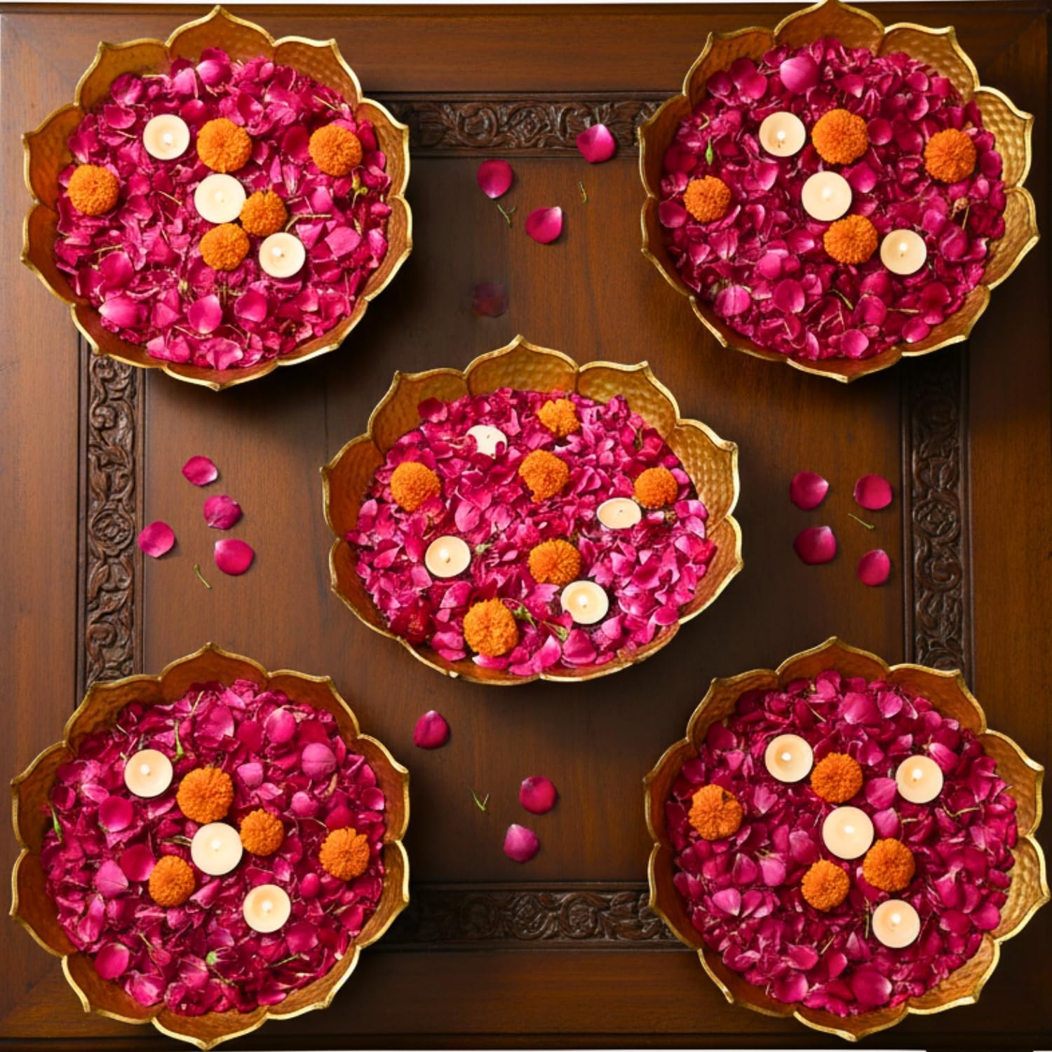 Gold Lotus Urli Bowl for Water Floating Flowers Pot and Tea Light Candles Holder, Traditional Metal Bowl for Wedding Pooja Home Office Table Diwali Decoration(Pack of 5)
