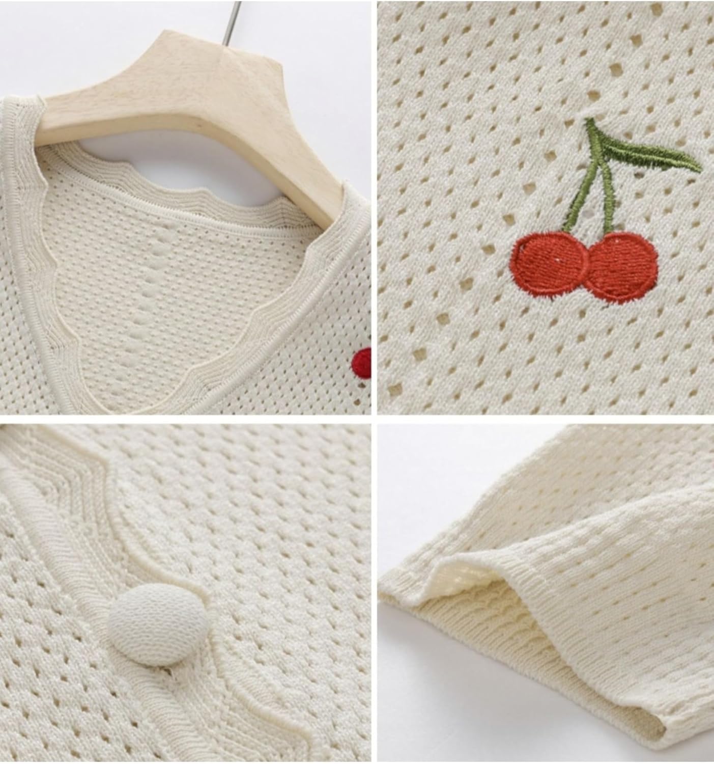 Womens Summer Knit Shirt Short Sleeve Cardigan Embroidery Cute Cherry V-Neck Crochet Fashion Casual Blouse - Image 5