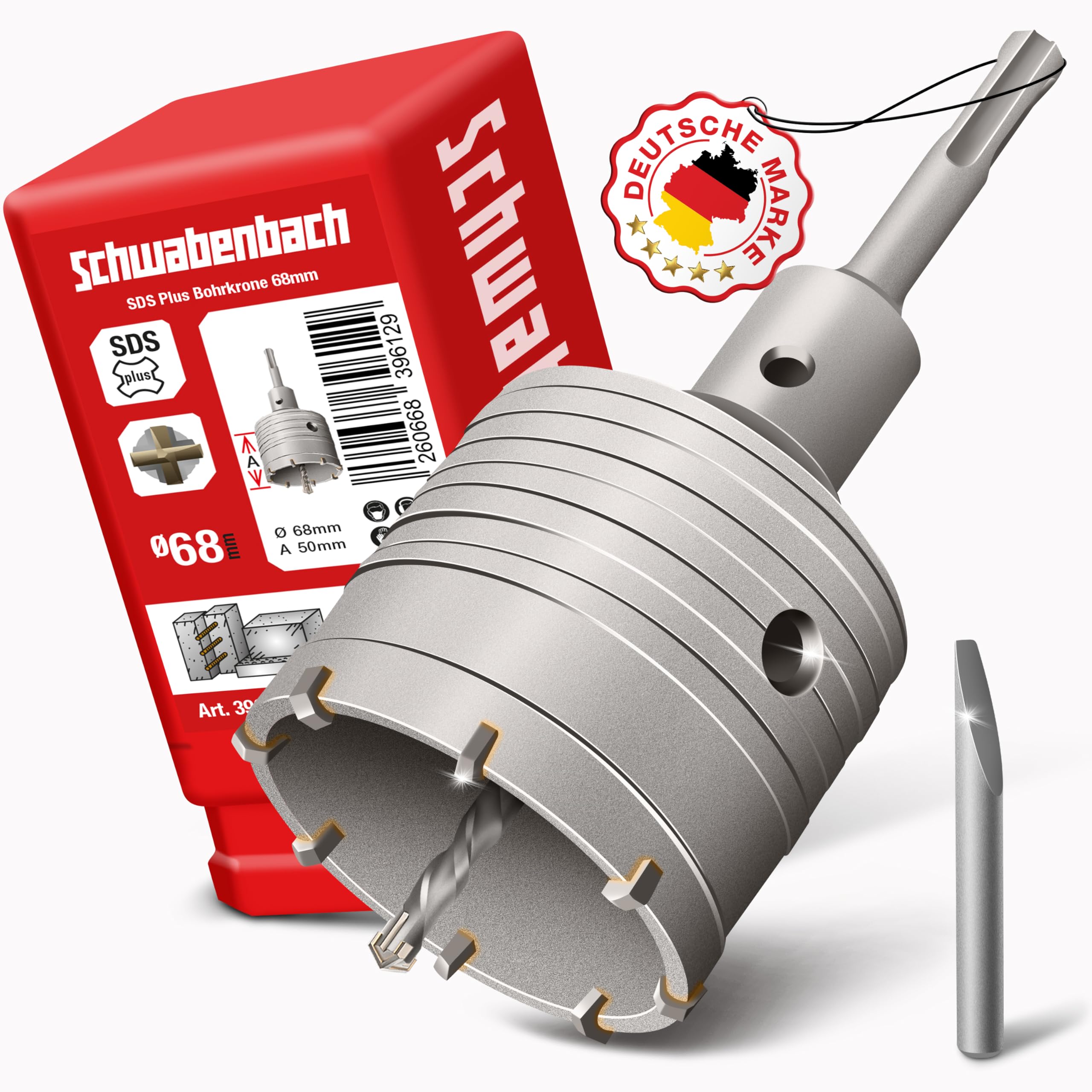 SCHWABENBACH® SDS Plus Bohrkrone 68 mm - Hammerschlagfest Bohrkrone Steckdose - Dosenbohrer 68mm Mauerwerk - Kronenbohrer Steckdosen