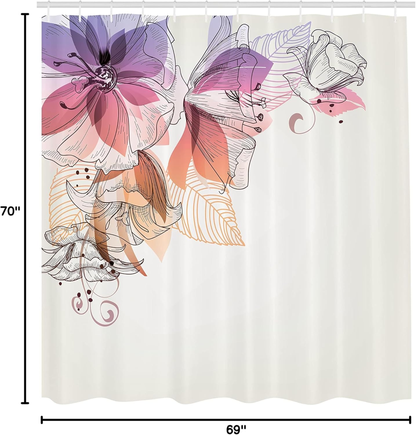 Ambesonne Flowers Shower Curtain, Buds Leaf at The top Left Corner Season Celebrating Theme Illustration, Cloth Fabric Bathroom Decor Set with Hooks, 69" W x 70" L, Purple Pink Peach
