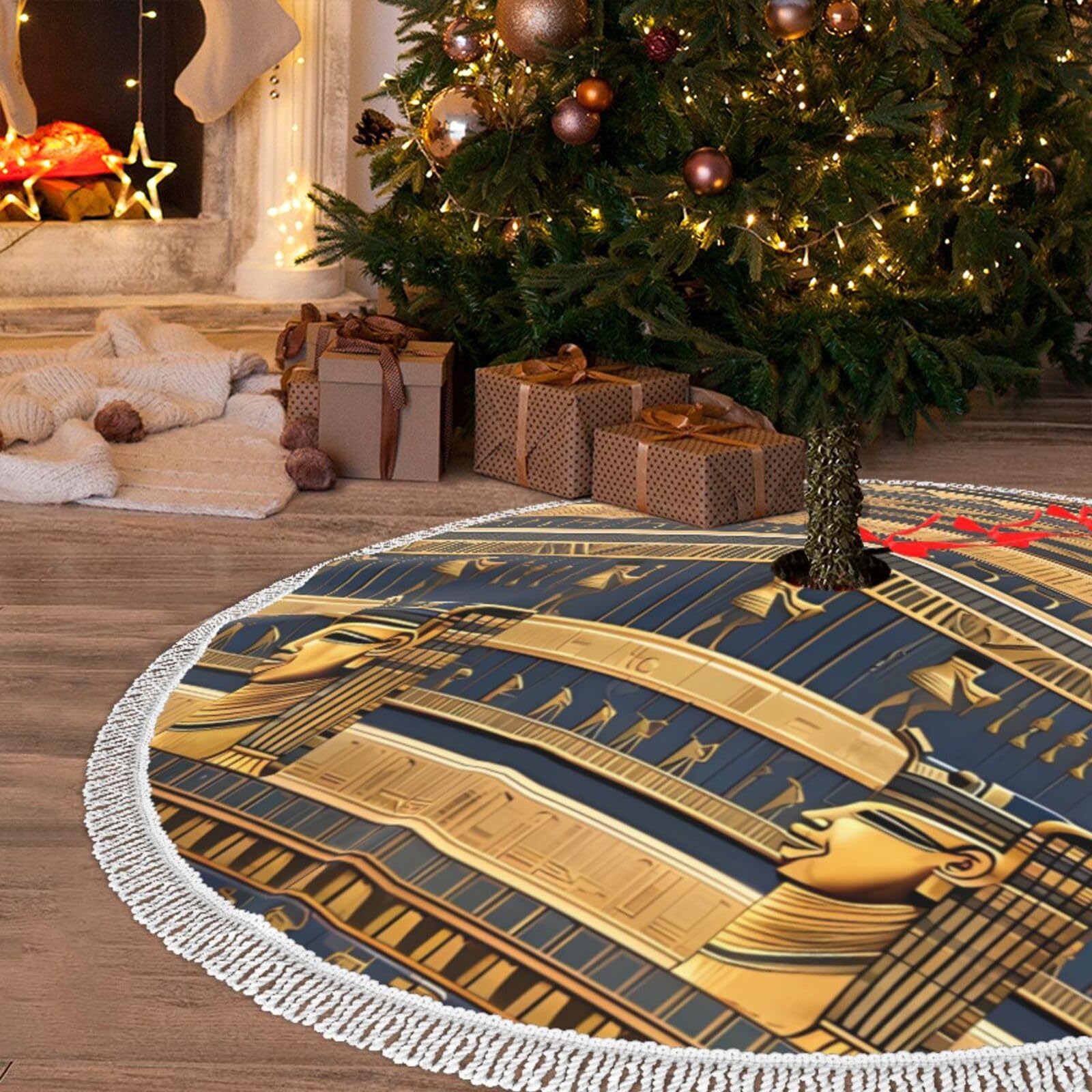 Jupe de sapin de Noël en peluche 122cm blanche à pompons pour décoration de fêtes égyptiennes