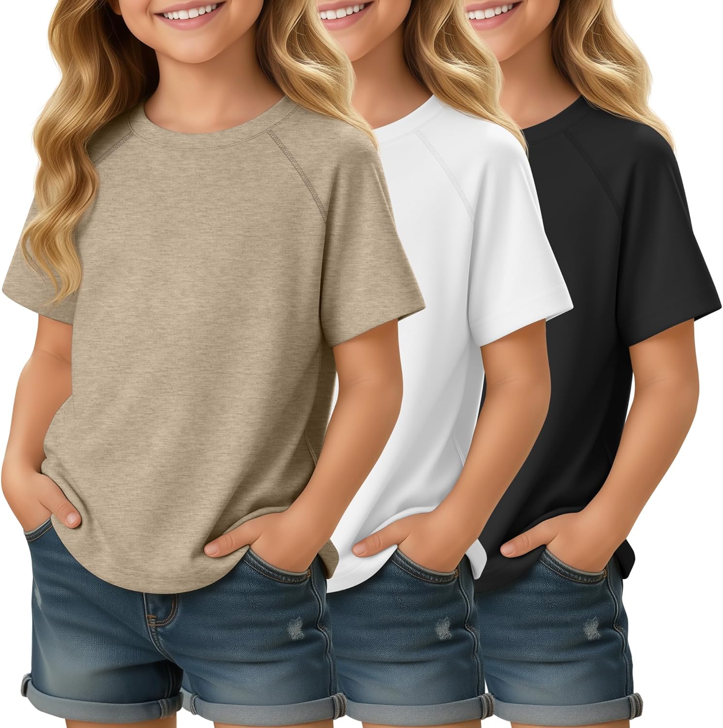 3 Pack Girls' Short Sleeve T-Shirts Loose Fit Crew Neck Tops Raglan Curve Hem Shirts Casual Kids Basic Tees 5-14Y