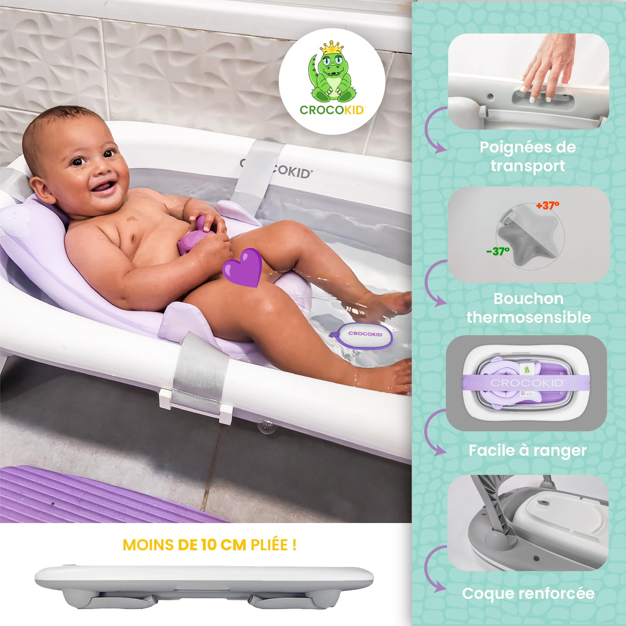 CROCOKID Baignoire Bébé Pliable XXL Avec Kit Complet 0-5 Ans - Violet - Portable Et Compacte