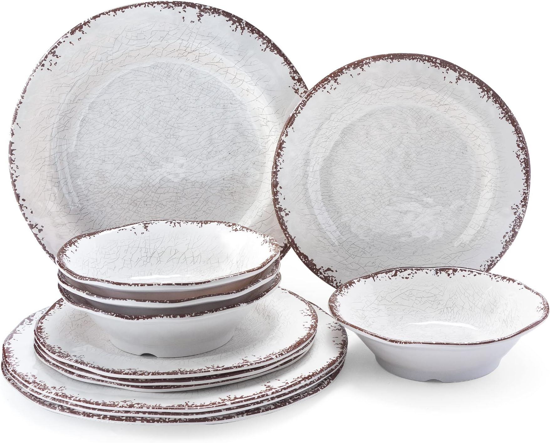 LEHAHA Vintage White Melamine Dinnerware set-12 Piece Lightweight Unbreakable Outdoor Camper Plates/Dishes and Bowls Set, Service for 4, Dishwasher Safe…