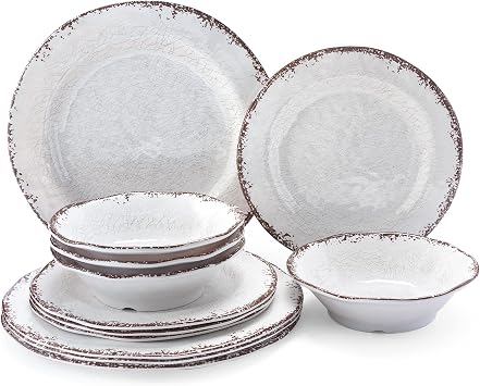 Vintage White Melamine Dinnerware set-12 Piece Lightweight Unbreakable Outdoor Camper Plates/Dishes and Bowls Set, Service for 4, Dishwasher Safe..