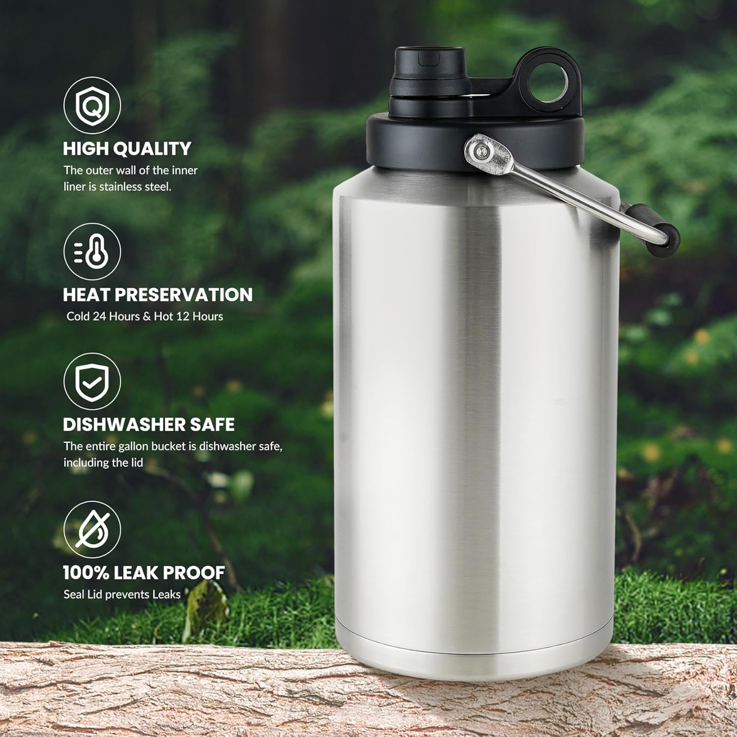1 Gallon Insulated Water Bottle Stainless Steel Keeps Ice 48Hr, Large Water Gallon Jug Wide Mouth Leakproof Vacuum for Gym, Camping, & Construction Stainless Steels - Image 3
