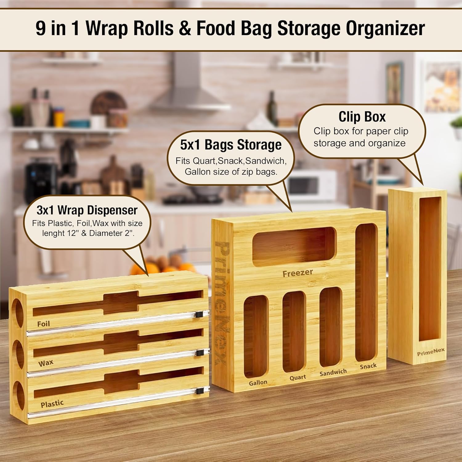 9 IN 1 Storage Bag Organizer and Plastic Wrap Dispenser with Cutter for Kitchen Drawer – Organizer for Gallon, Quart, Sandwich Bags, Aluminum Foil, and Wax Paper (Natural)