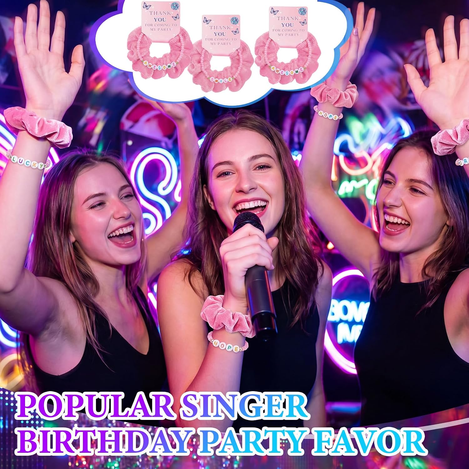 Hoteam 12 Sets in My Birthday Era Party Supplies Kpop Theme Popular Singer Favors Friendship Bead Bracelets Velvet Hair Scrunchies for Fans Party Supplies Birthday Decorations (Pink) image 5