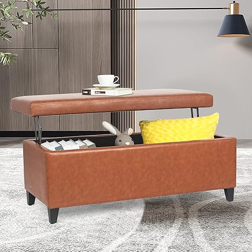 Miniatura 86 de Adeco Otomana de almacenamiento, banco tapizado rectangular de piel sintética con patas de madera, reposapiés, mesa de café para sala de estar,