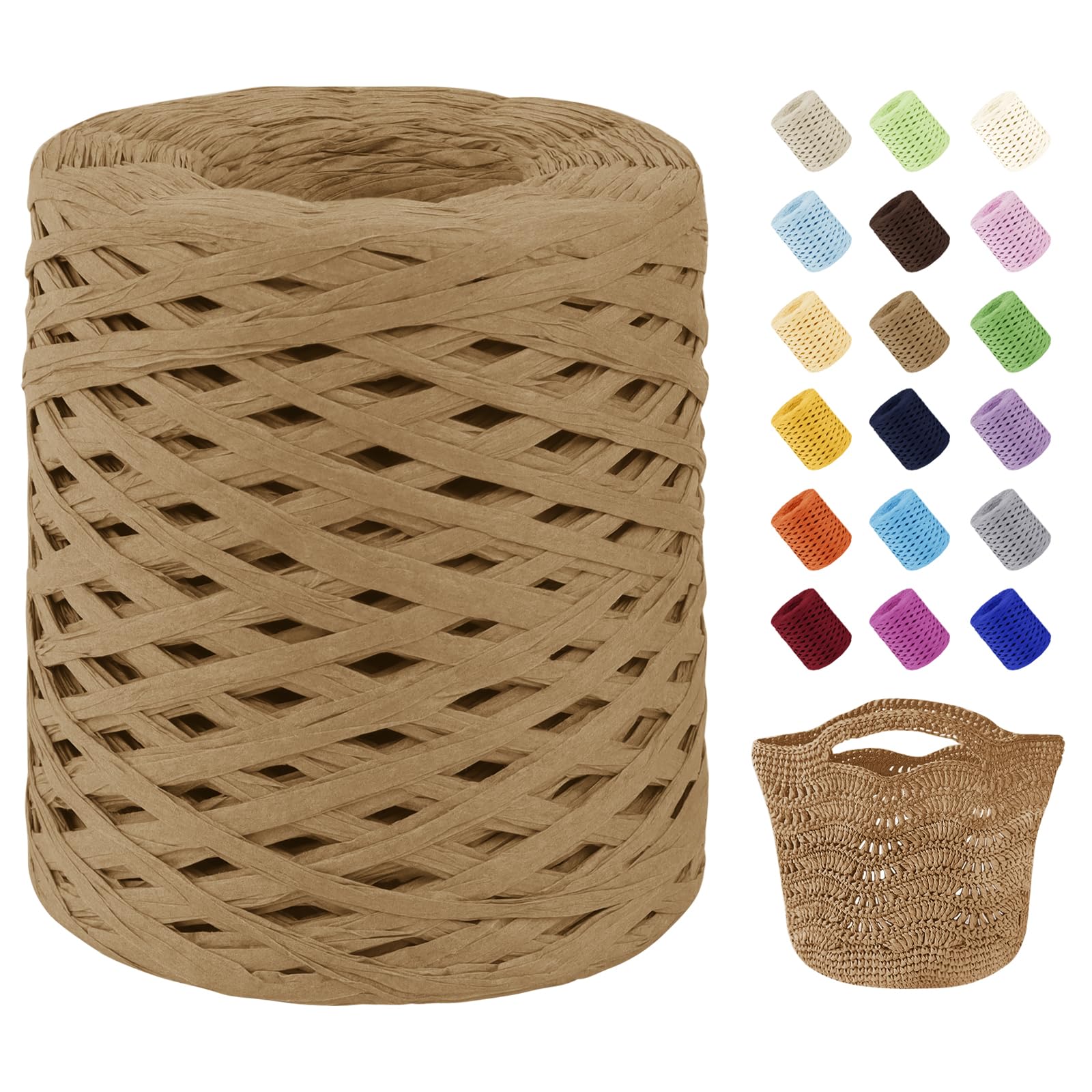 Uiopa Raffia Ribbon for Crochet, 3mm x 200m Raffia Paper Ribbon Straw Crochet Yarn for Crocheting Beach Bags, Sun Hats, Home Decor, DIY Crafts (Light Coffee)