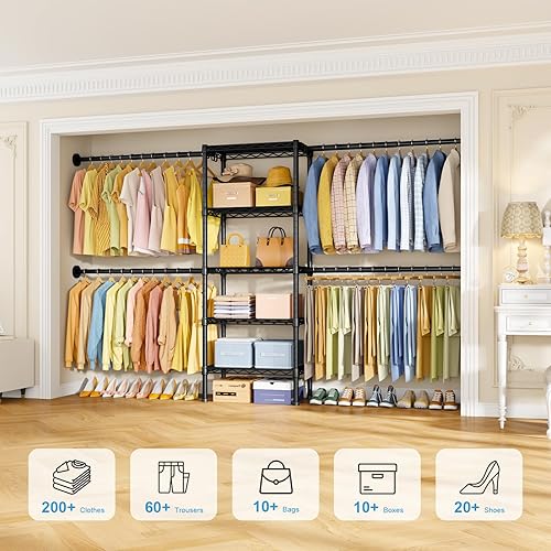 Miniatura 10 de Ulif M2 - Sistema organizador de armario, 5.9 pies de altura montado en la pared, con 4 barras de suspensión expandibles, 5 estantes en 23.6